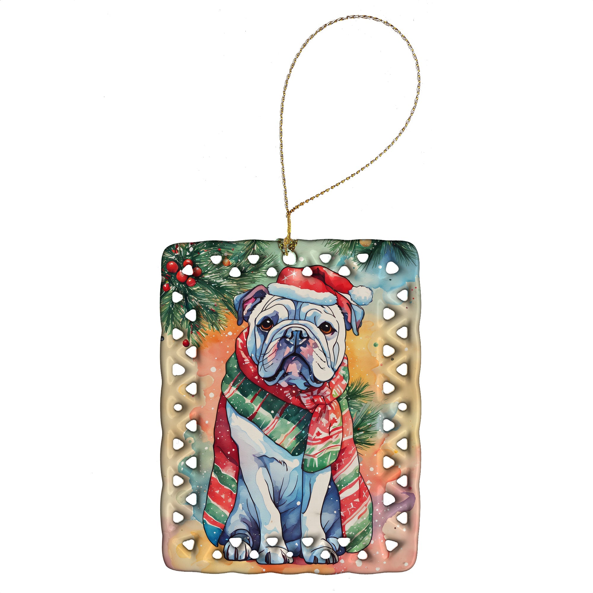 English Bulldog Christmas Porcelain Ornament Christmas Tree Hanging Decorations for Home Christmas Holiday, Rectangle, Gift, Multicolor