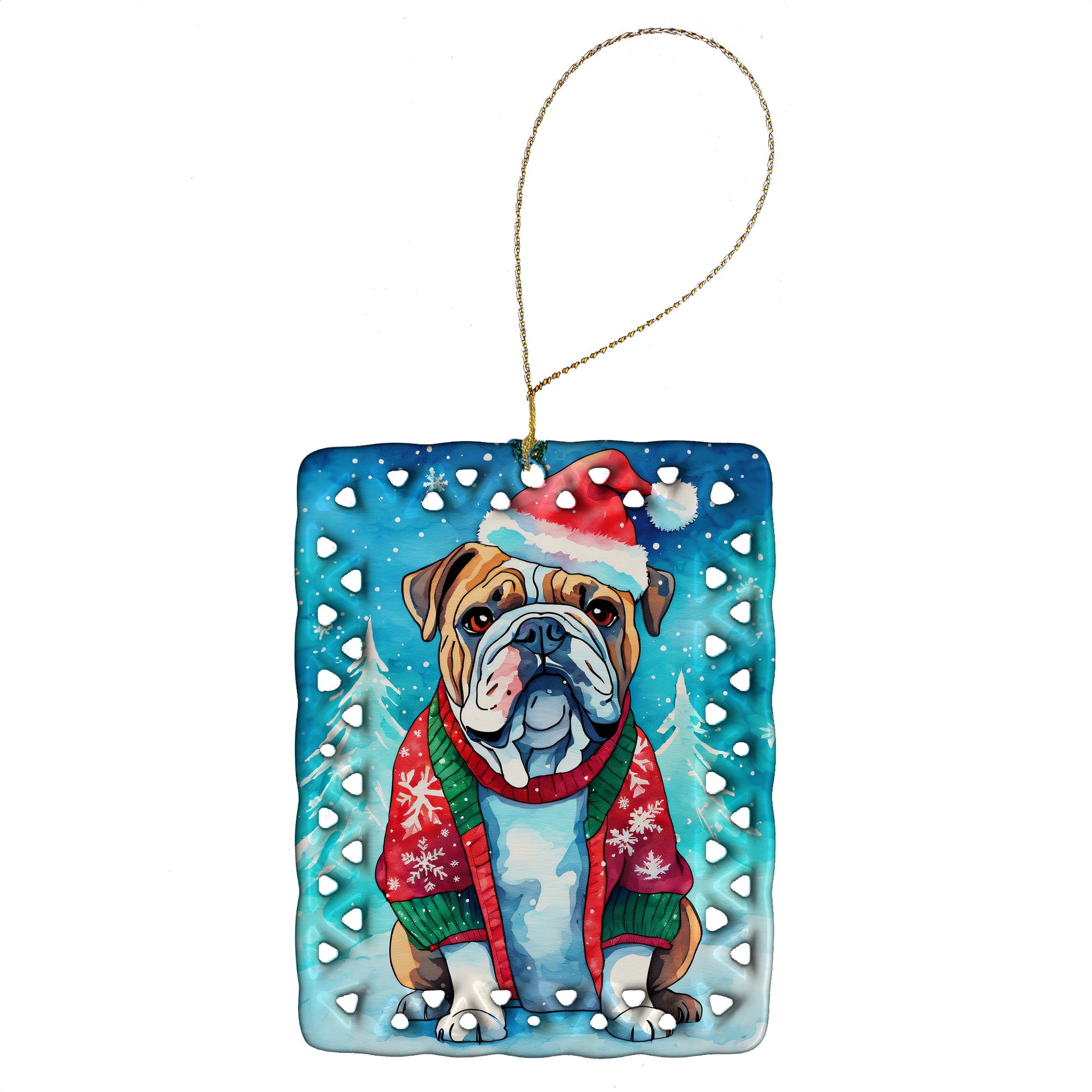 English Bulldog Christmas Porcelain Ornament Christmas Tree Hanging Decorations for Home Christmas Holiday, Rectangle, Gift, Multicolor