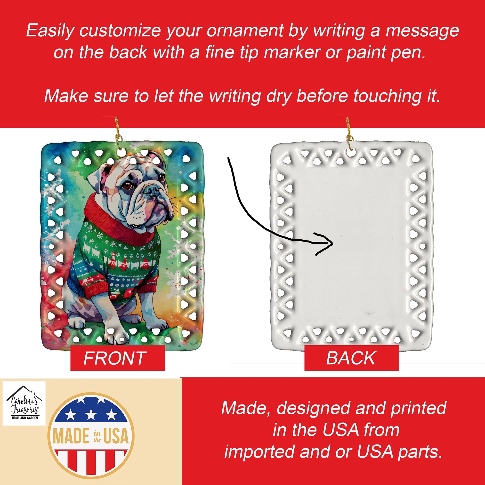 English Bulldog Christmas Porcelain Ornament Christmas Tree Hanging Decorations for Home Christmas Holiday, Rectangle, Gift, Multicolor