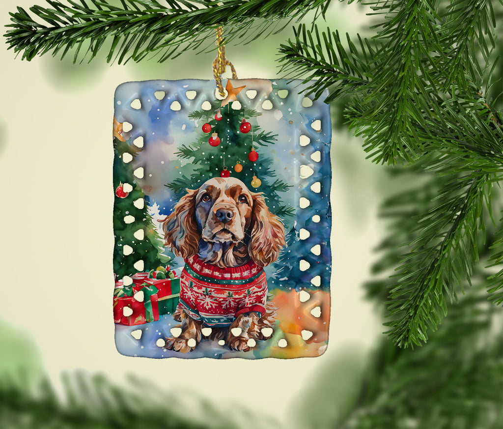 English Cocker Spaniel Christmas Porcelain Ornament Christmas Tree Hanging Decorations for Home Christmas Holiday, Rectangle, Gift, Multicolor