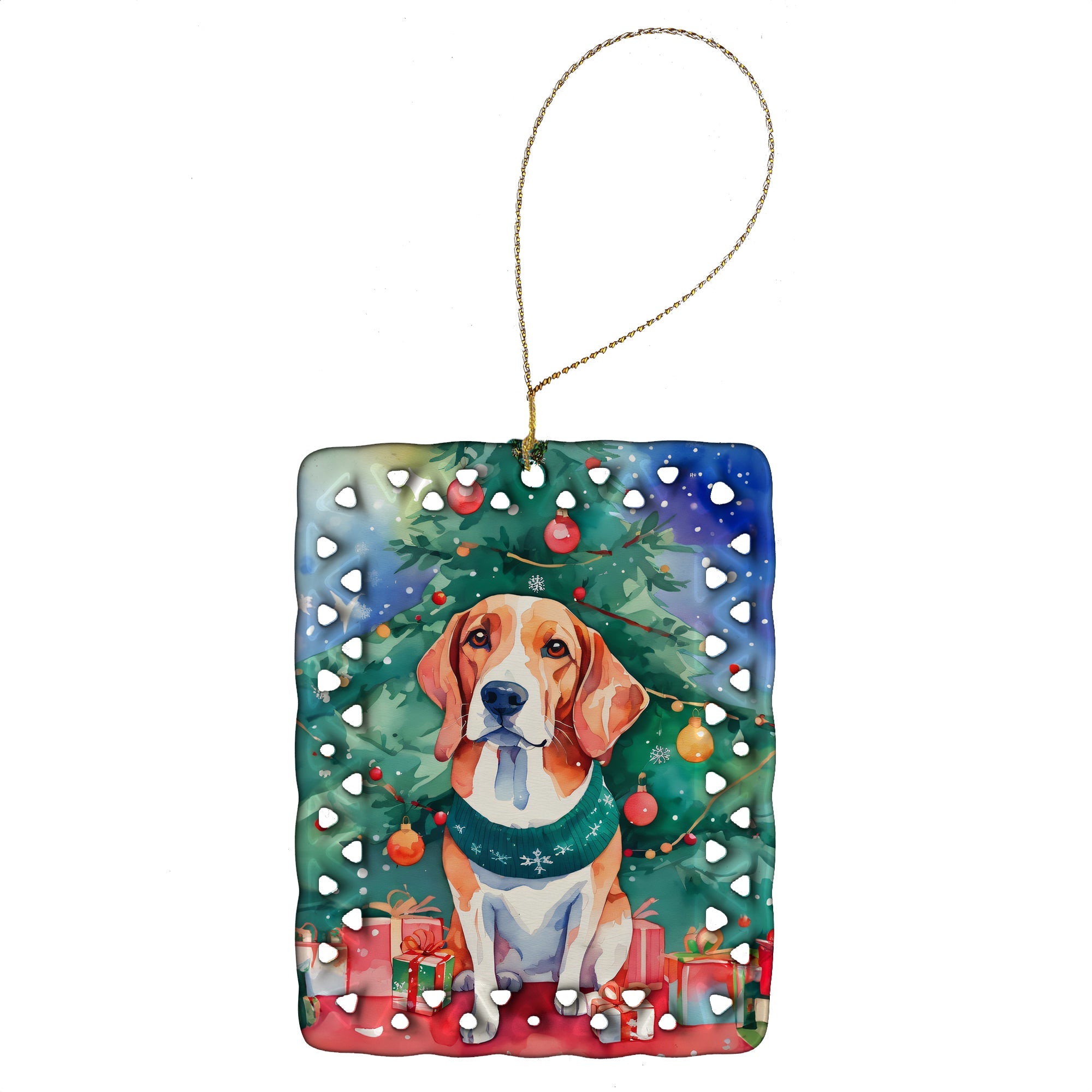 English Foxhound Christmas Porcelain Ornament Christmas Tree Hanging Decorations for Home Christmas Holiday, Rectangle, Gift, Multicolor