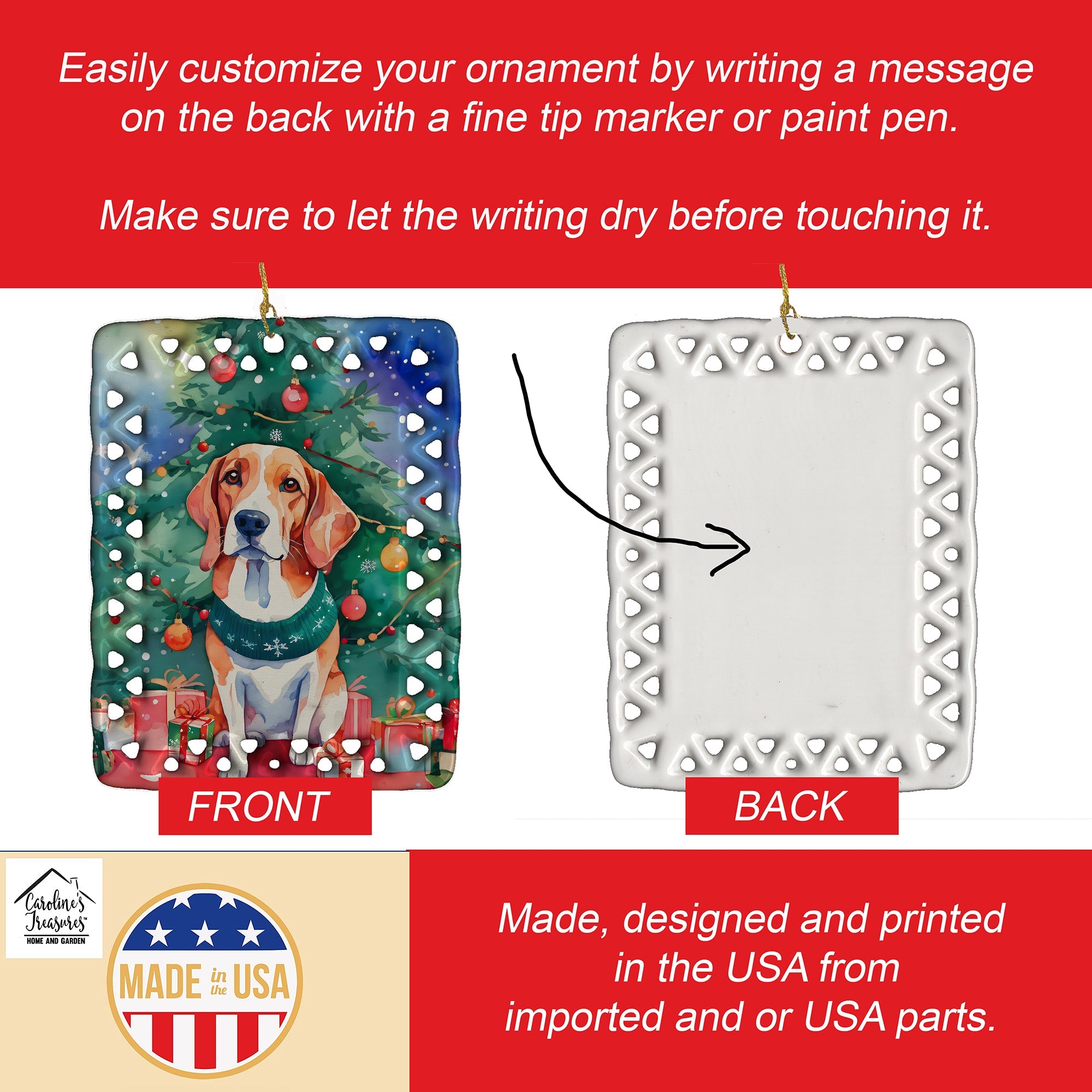English Foxhound Christmas Porcelain Ornament Christmas Tree Hanging Decorations for Home Christmas Holiday, Rectangle, Gift, Multicolor