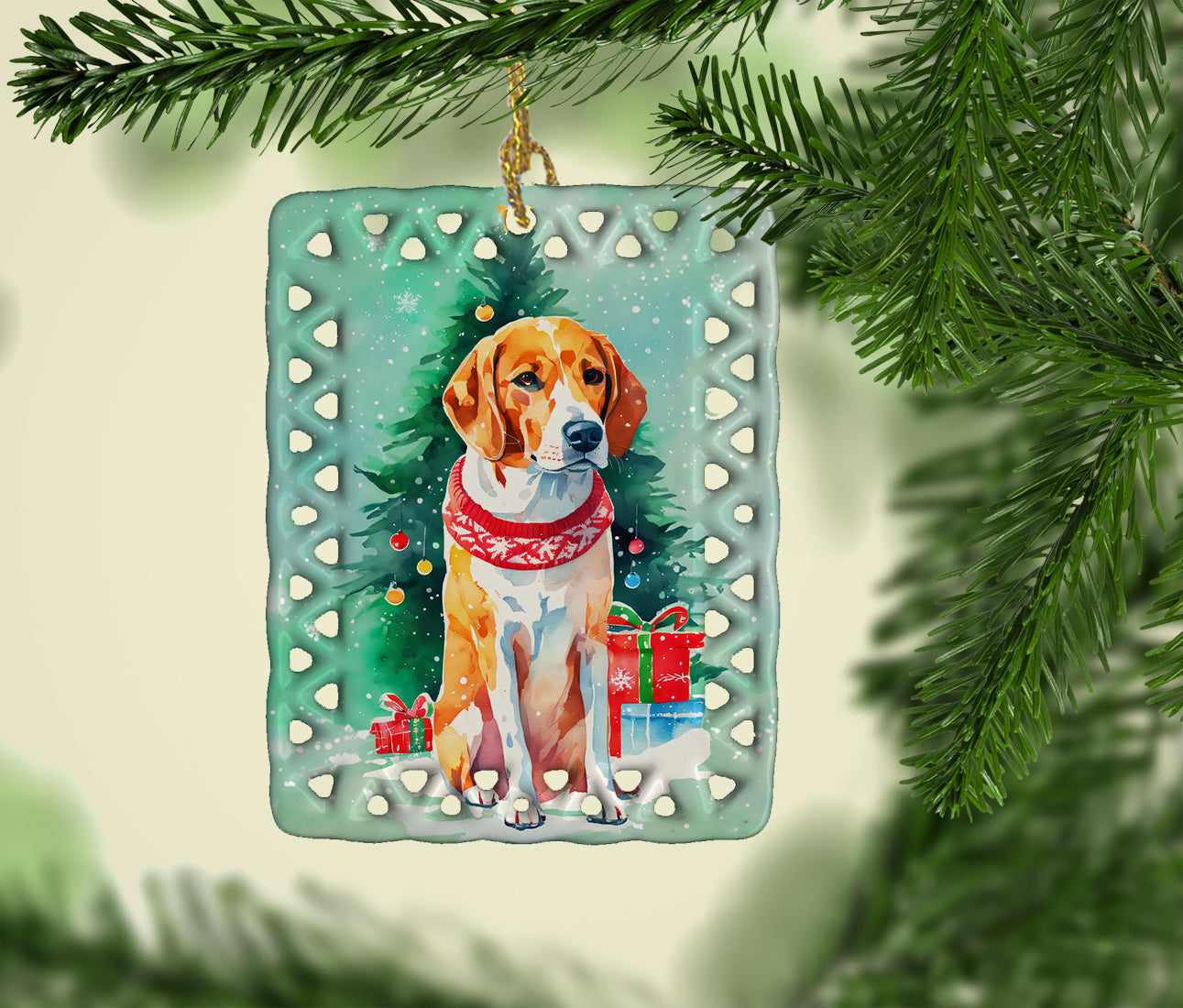 English Foxhound Christmas Porcelain Ornament Christmas Tree Hanging Decorations for Home Christmas Holiday, Rectangle, Gift, Multicolor