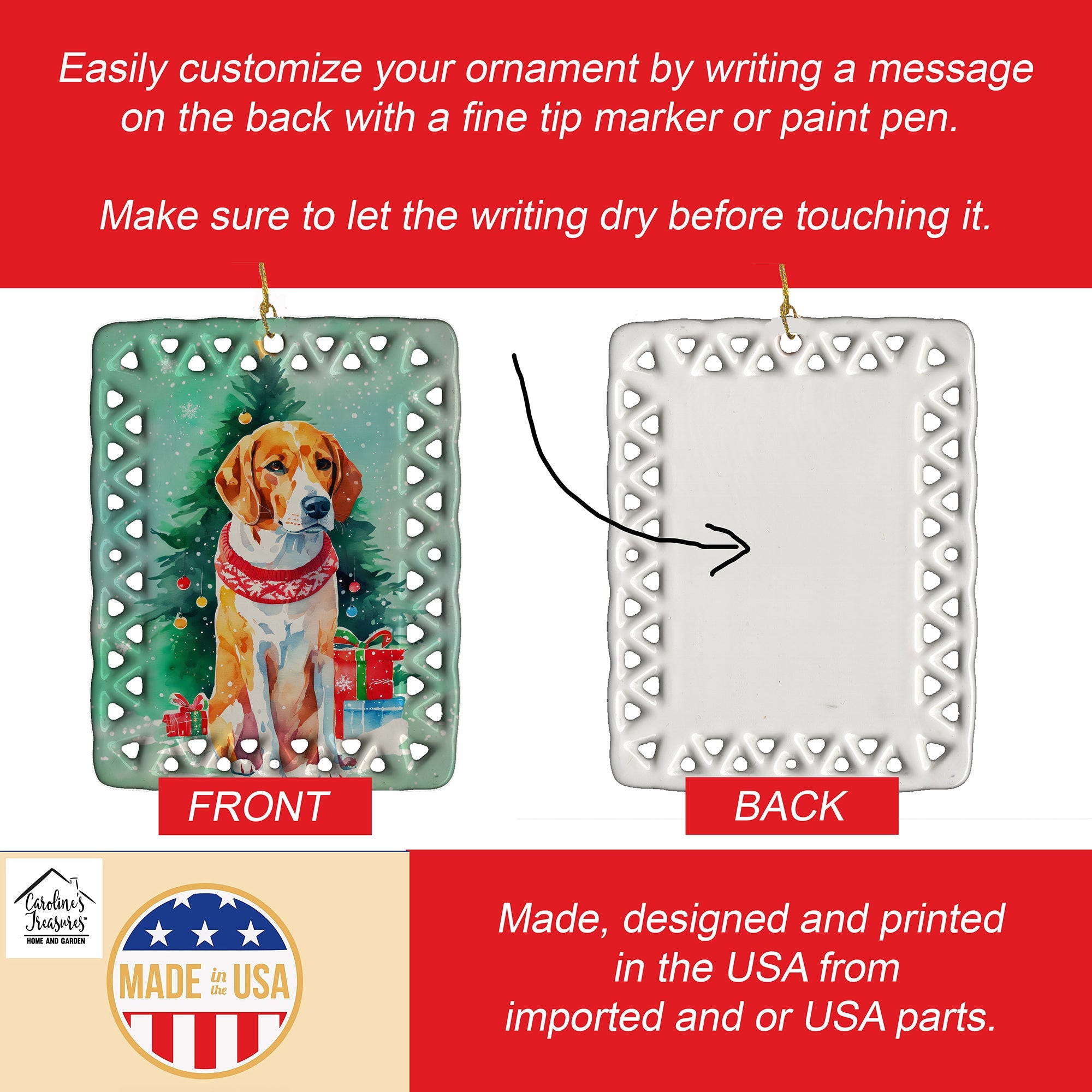 English Foxhound Christmas Porcelain Ornament Christmas Tree Hanging Decorations for Home Christmas Holiday, Rectangle, Gift, Multicolor