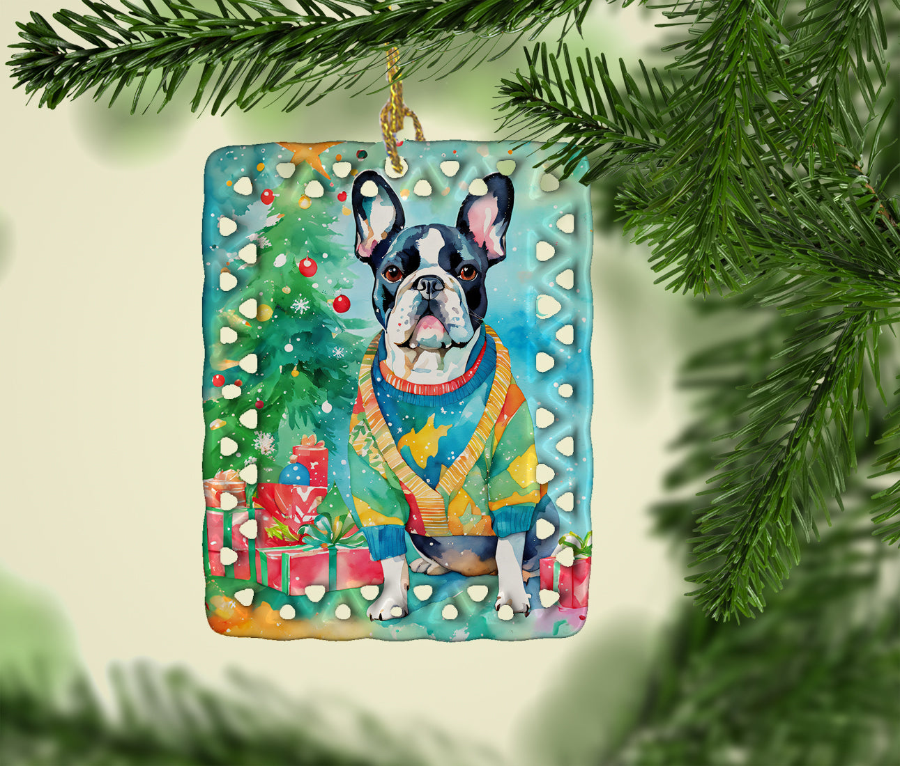 French Bulldog Christmas Porcelain Ornament Christmas Tree Hanging Decorations for Home Christmas Holiday, Rectangle, Gift, Multicolor