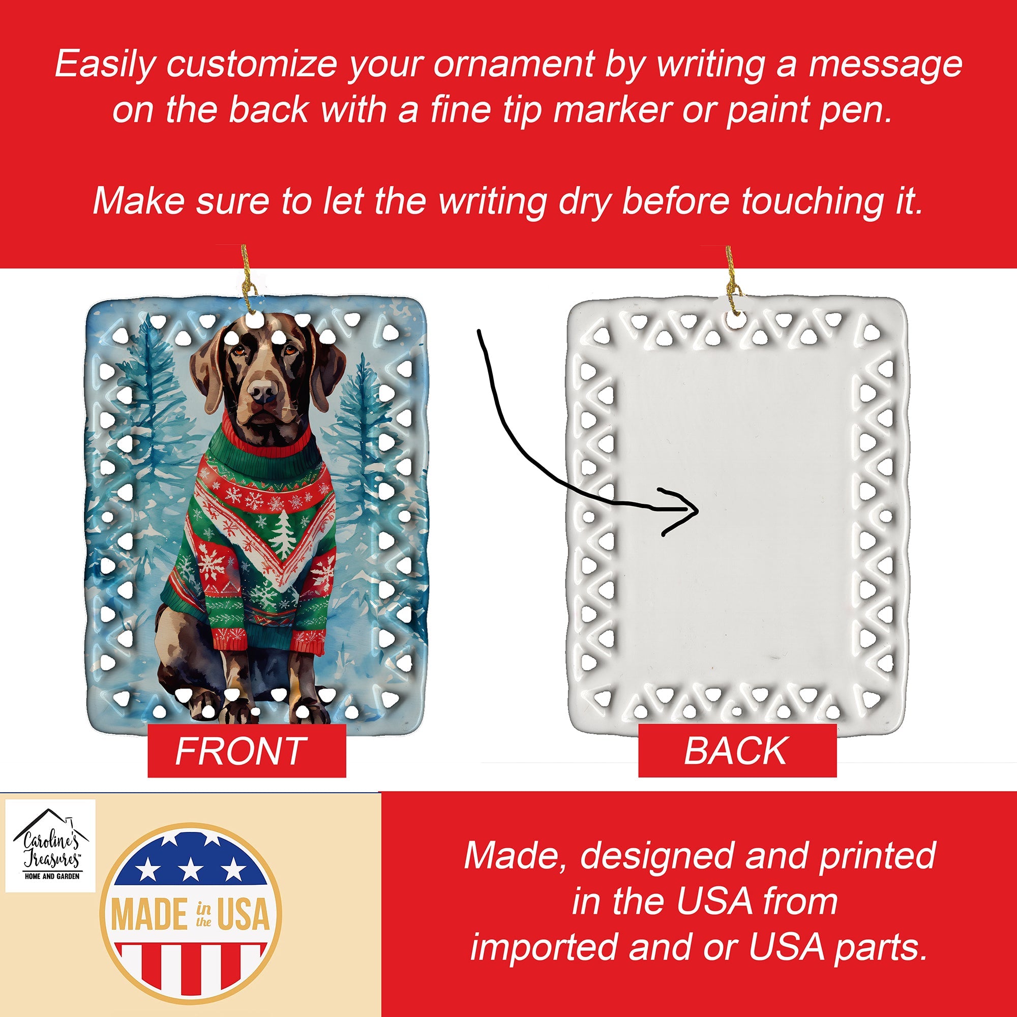 German Shorthaired Pointer Christmas Porcelain Ornament Christmas Tree Hanging Decorations for Home Christmas Holiday, Rectangle, Gift, Multicolor