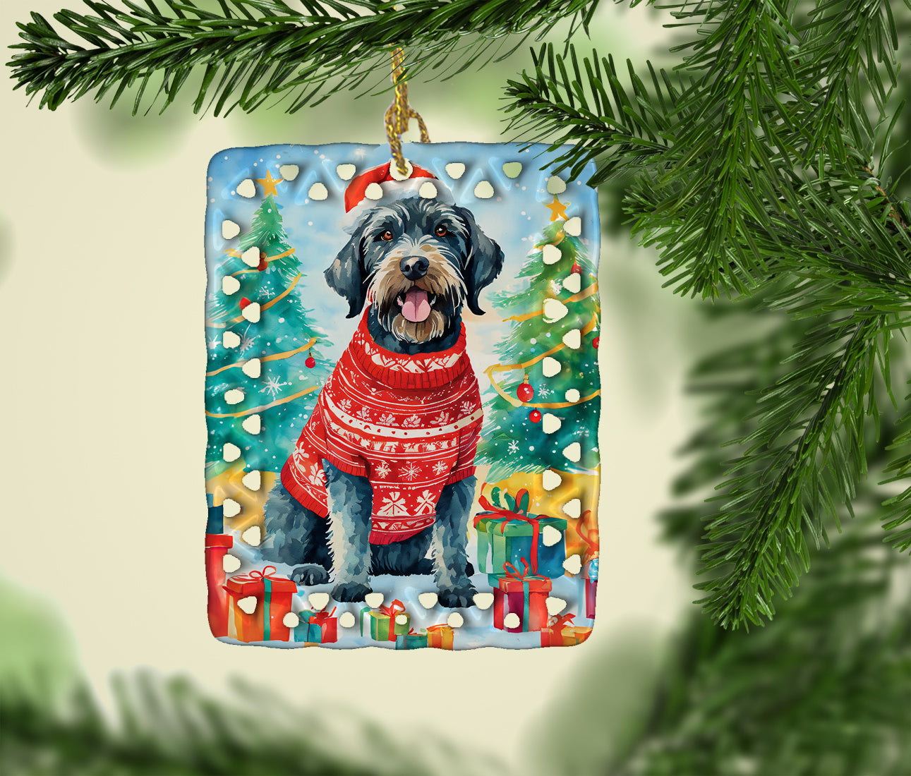 German Wirehaired Pointer Christmas Porcelain Ornament Christmas Tree Hanging Decorations for Home Christmas Holiday, Rectangle, Gift, Multicolor