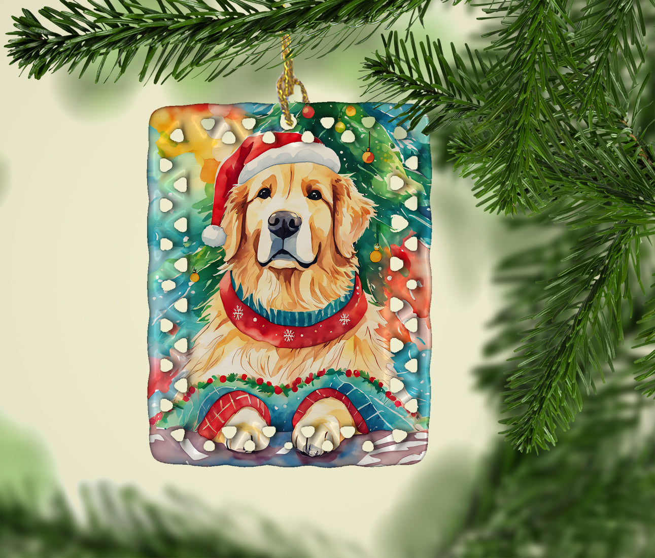 Golden Retriever Christmas Porcelain Ornament Christmas Tree Hanging Decorations for Home Christmas Holiday, Rectangle, Gift, Multicolor