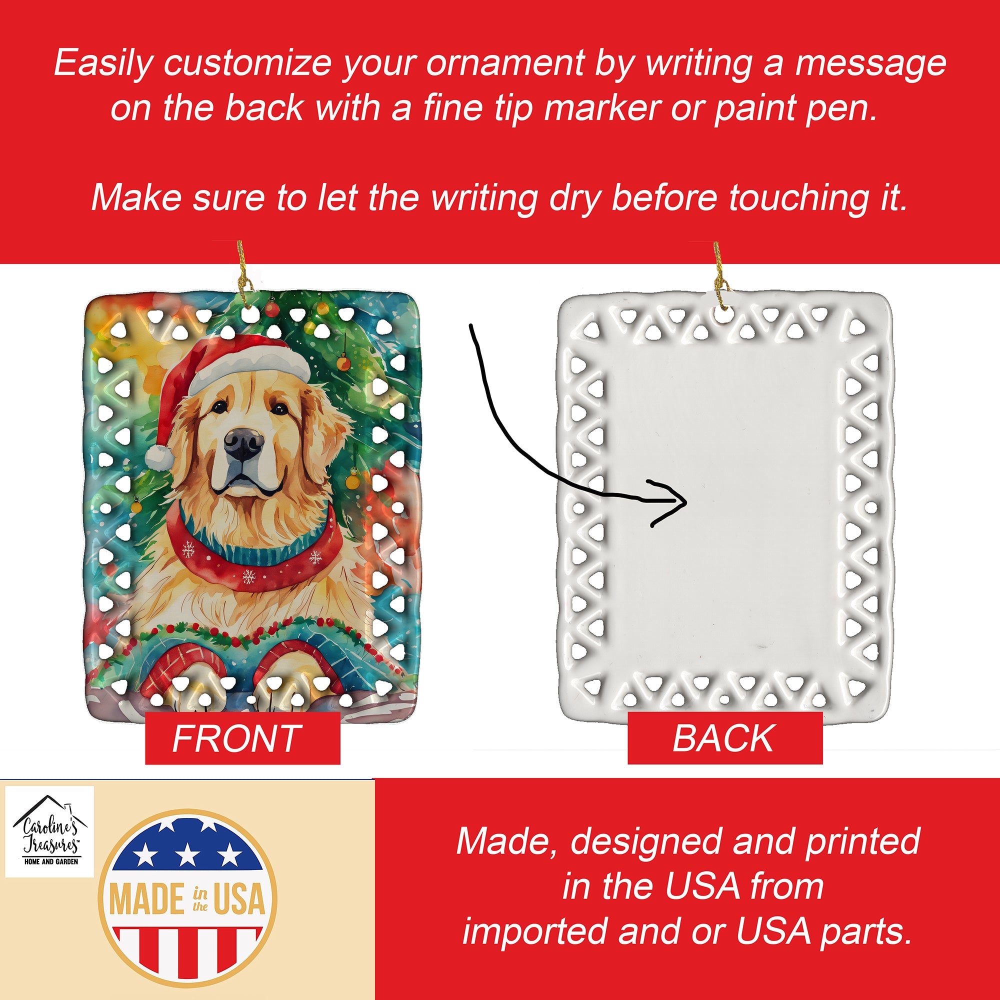 Golden Retriever Christmas Porcelain Ornament Christmas Tree Hanging Decorations for Home Christmas Holiday, Rectangle, Gift, Multicolor
