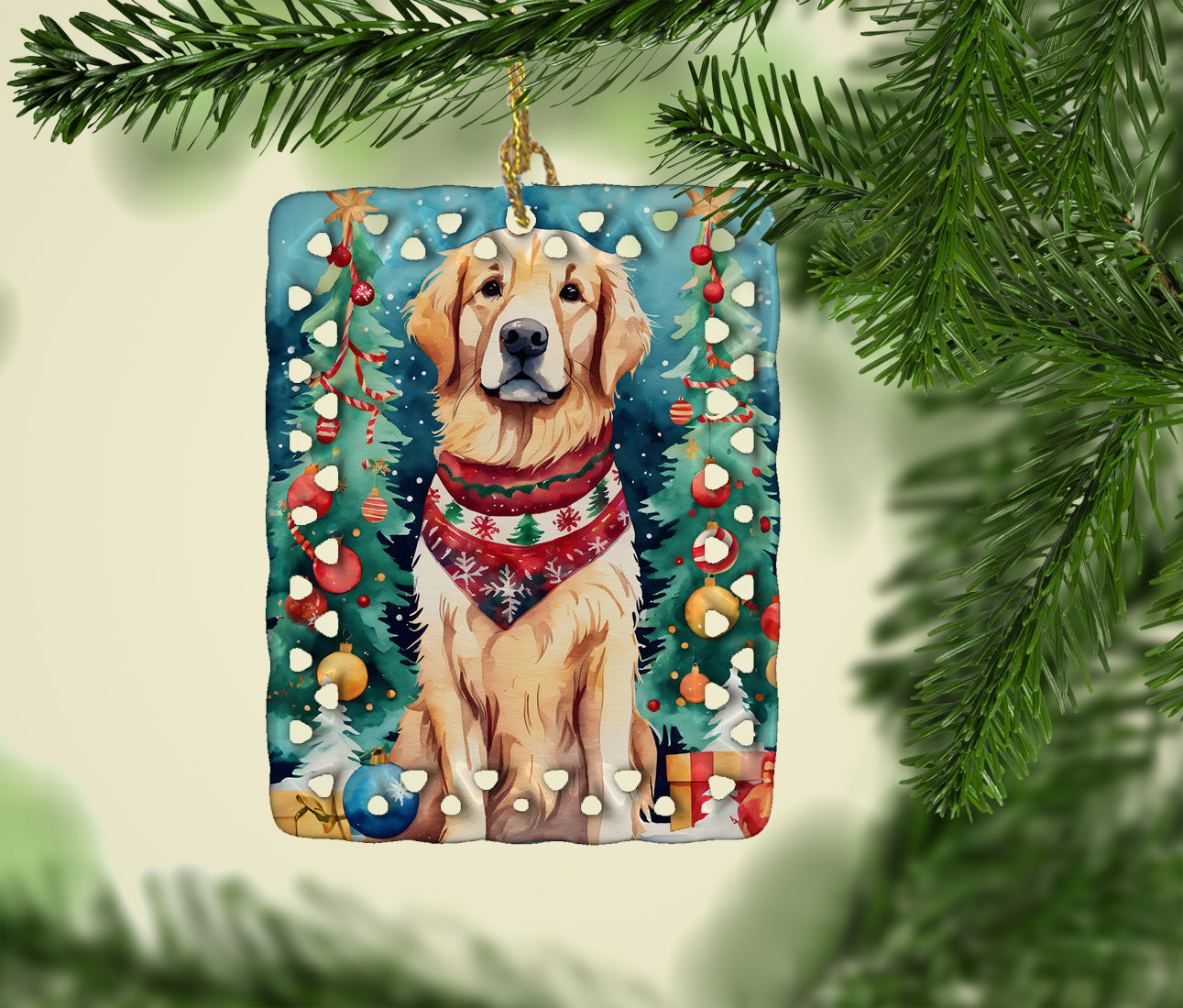 Golden Retriever Christmas Porcelain Ornament Christmas Tree Hanging Decorations for Home Christmas Holiday, Rectangle, Gift, Multicolor