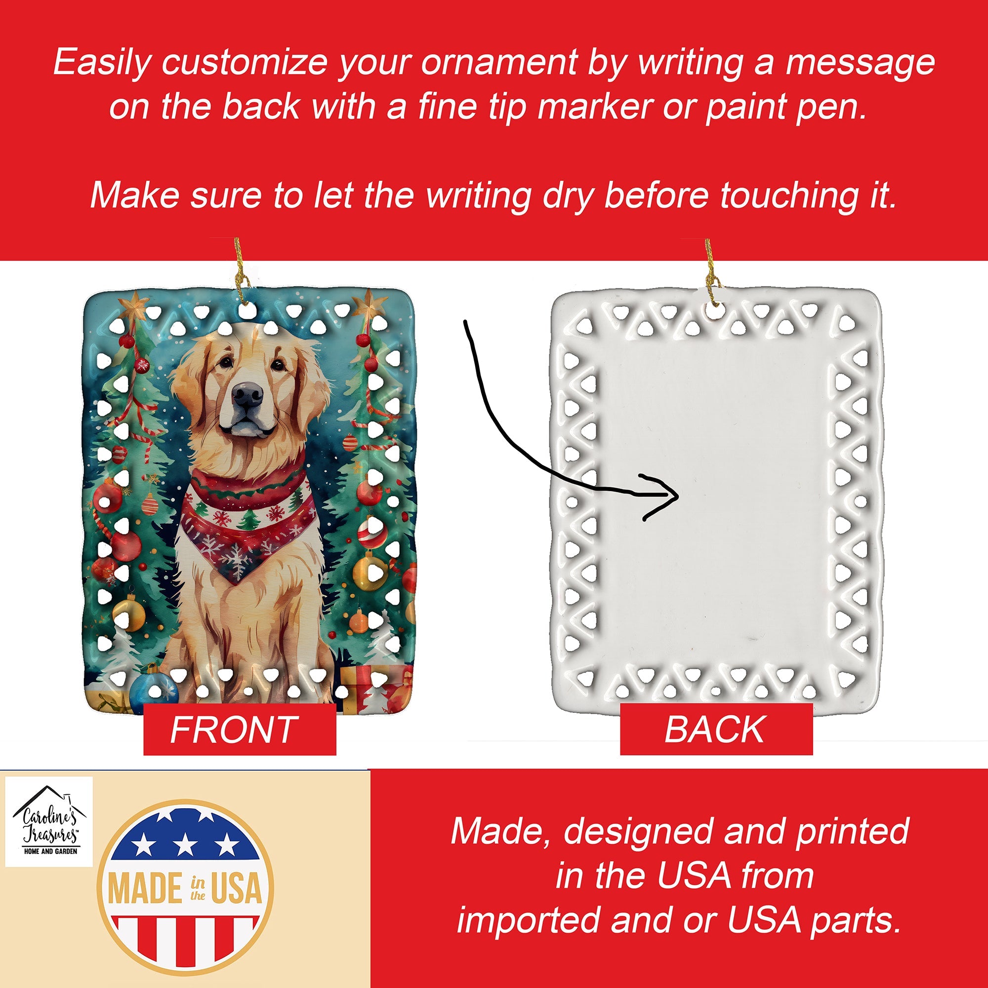 Golden Retriever Christmas Porcelain Ornament Christmas Tree Hanging Decorations for Home Christmas Holiday, Rectangle, Gift, Multicolor