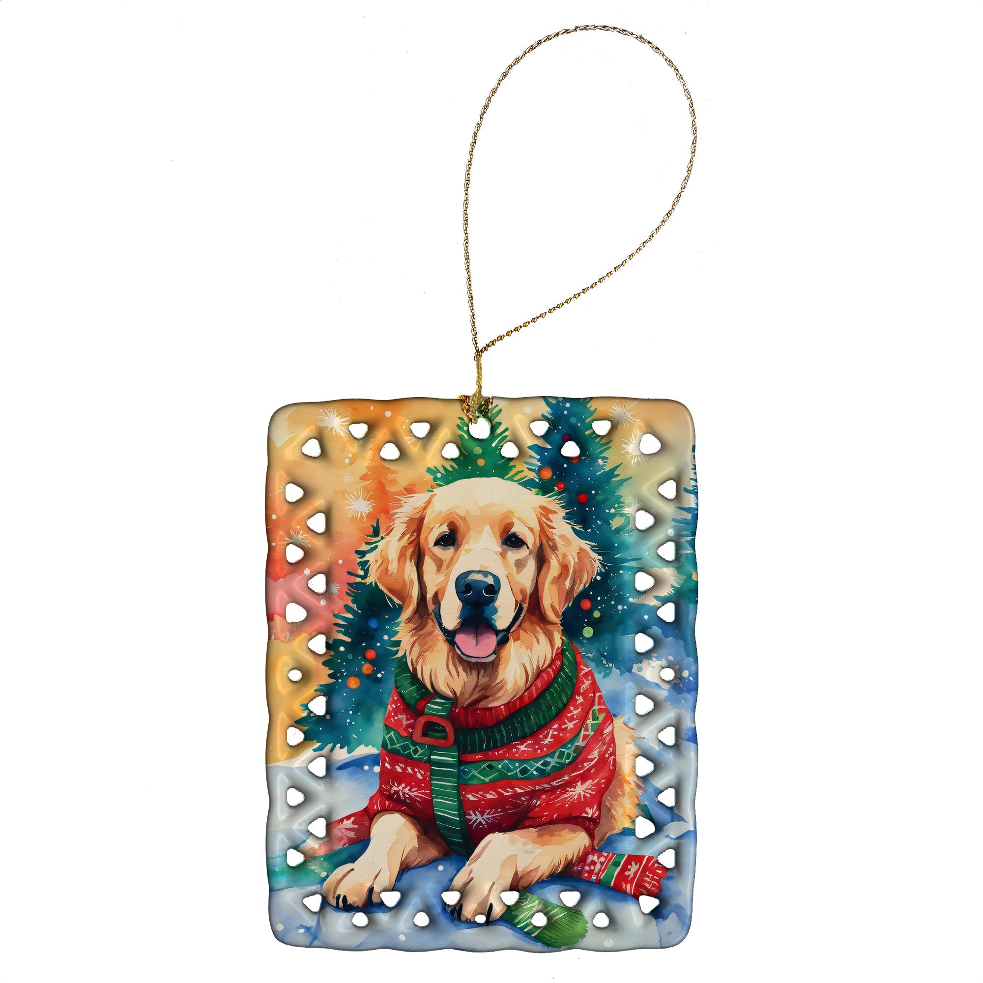 Golden Retriever Christmas Porcelain Ornament Christmas Tree Hanging Decorations for Home Christmas Holiday, Rectangle, Gift, Multicolor