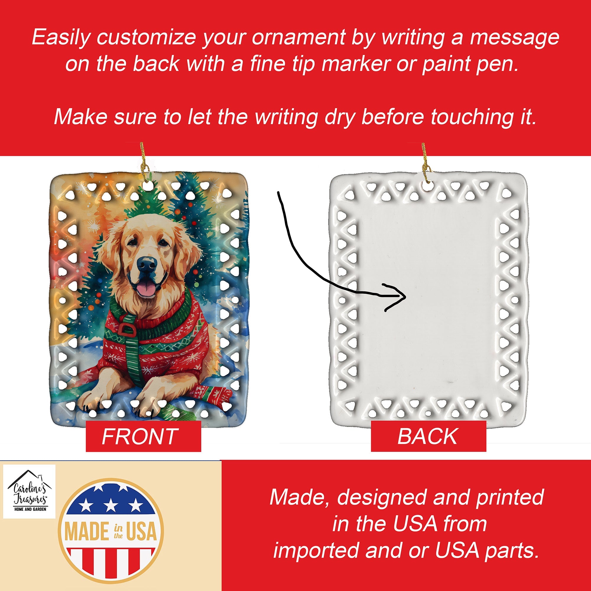 Golden Retriever Christmas Porcelain Ornament Christmas Tree Hanging Decorations for Home Christmas Holiday, Rectangle, Gift, Multicolor
