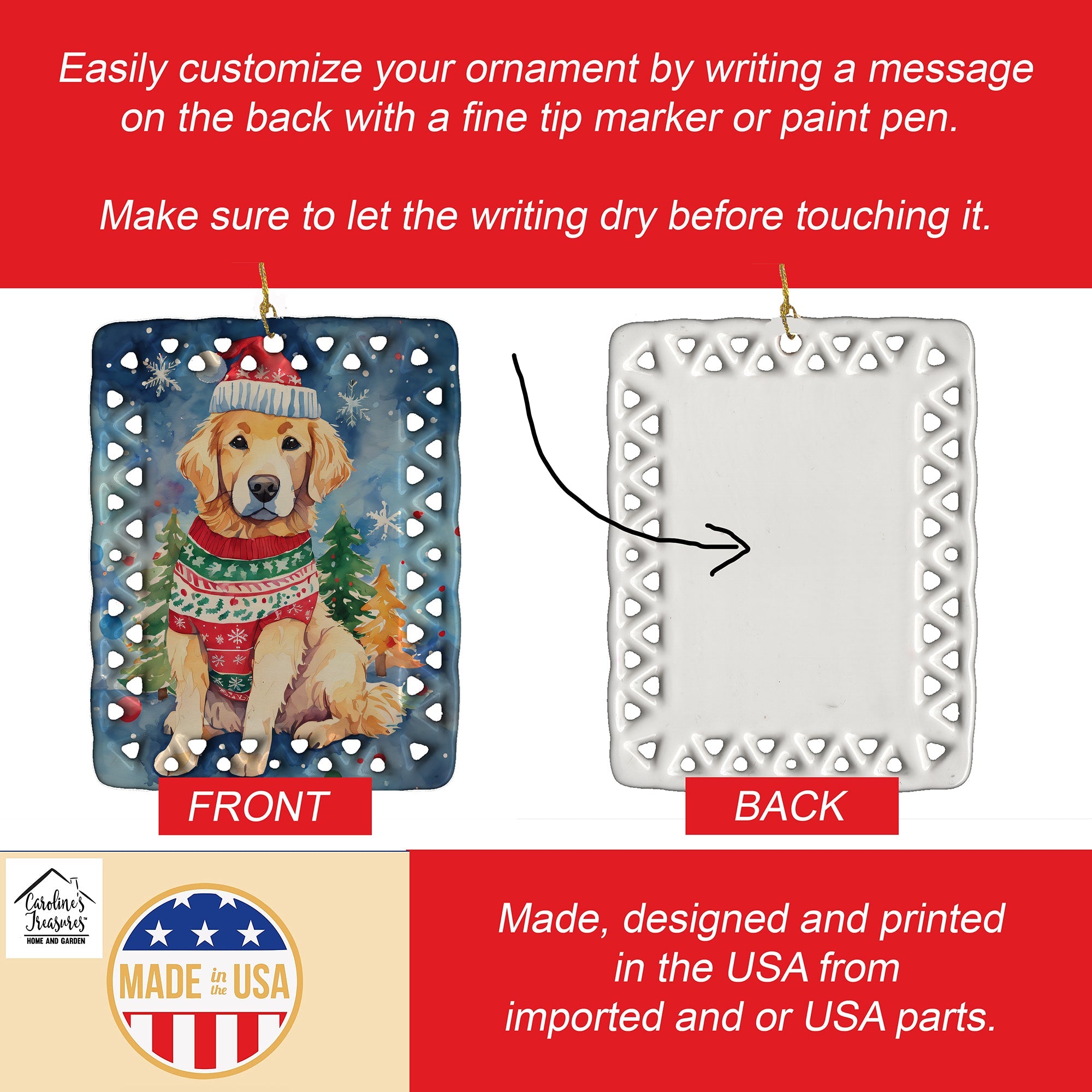 Golden Retriever Christmas Porcelain Ornament Christmas Tree Hanging Decorations for Home Christmas Holiday, Rectangle, Gift, Multicolor