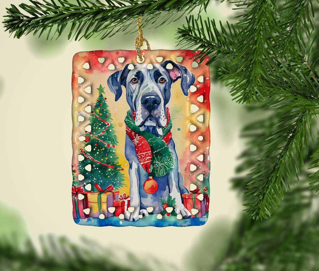 Great Dane Christmas Porcelain Ornament Christmas Tree Hanging Decorations for Home Christmas Holiday, Rectangle, Gift, Multicolor
