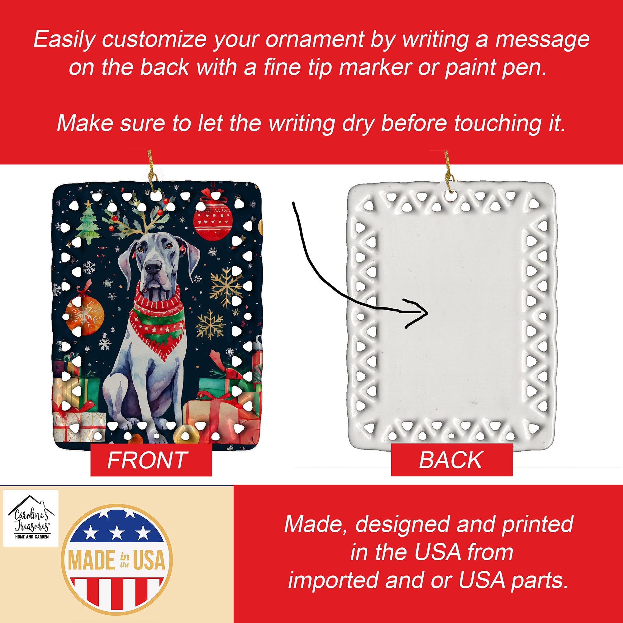 Great Dane Christmas Porcelain Ornament Christmas Tree Hanging Decorations for Home Christmas Holiday, Rectangle, Gift, Multicolor