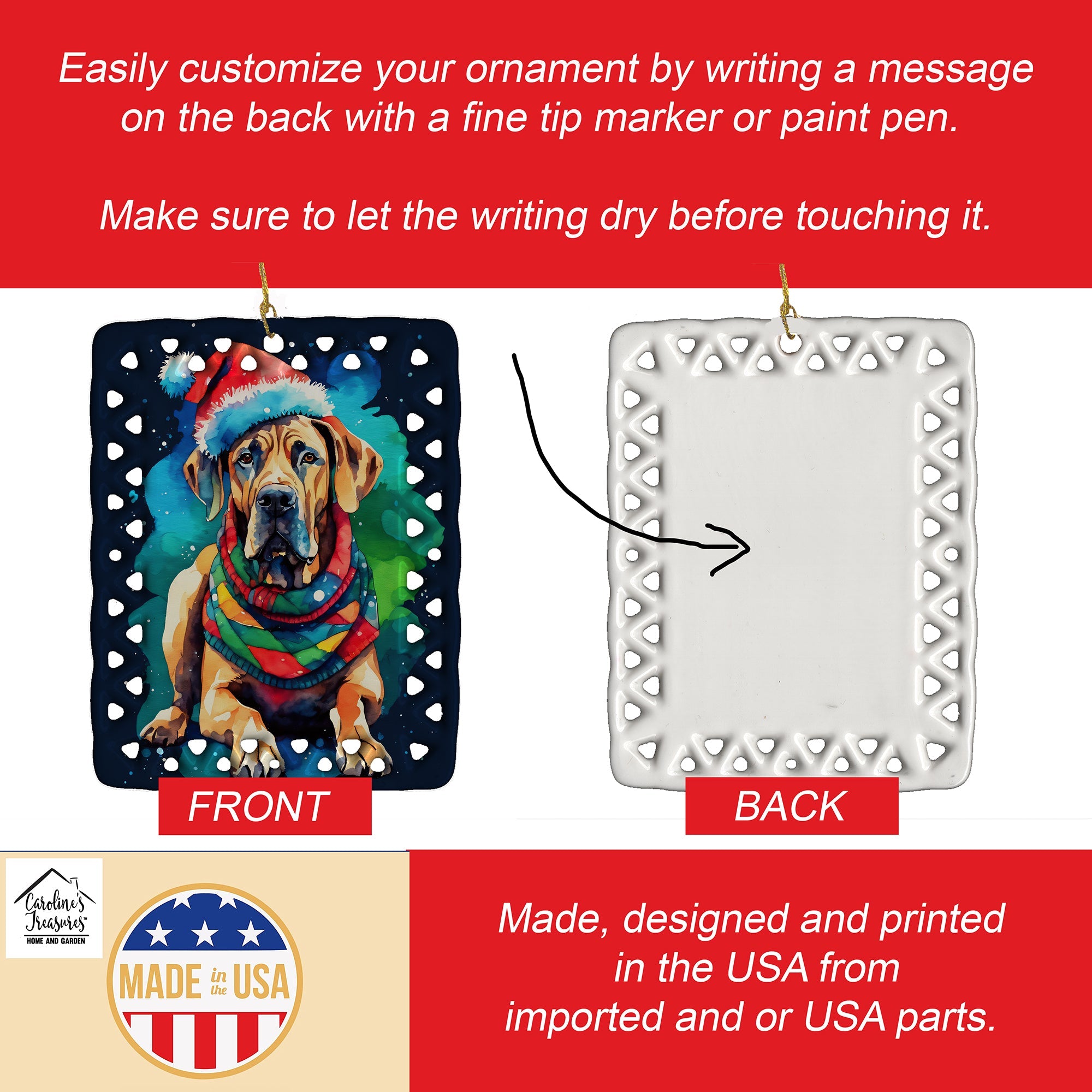 Great Dane Christmas Porcelain Ornament Christmas Tree Hanging Decorations for Home Christmas Holiday, Rectangle, Gift, Multicolor