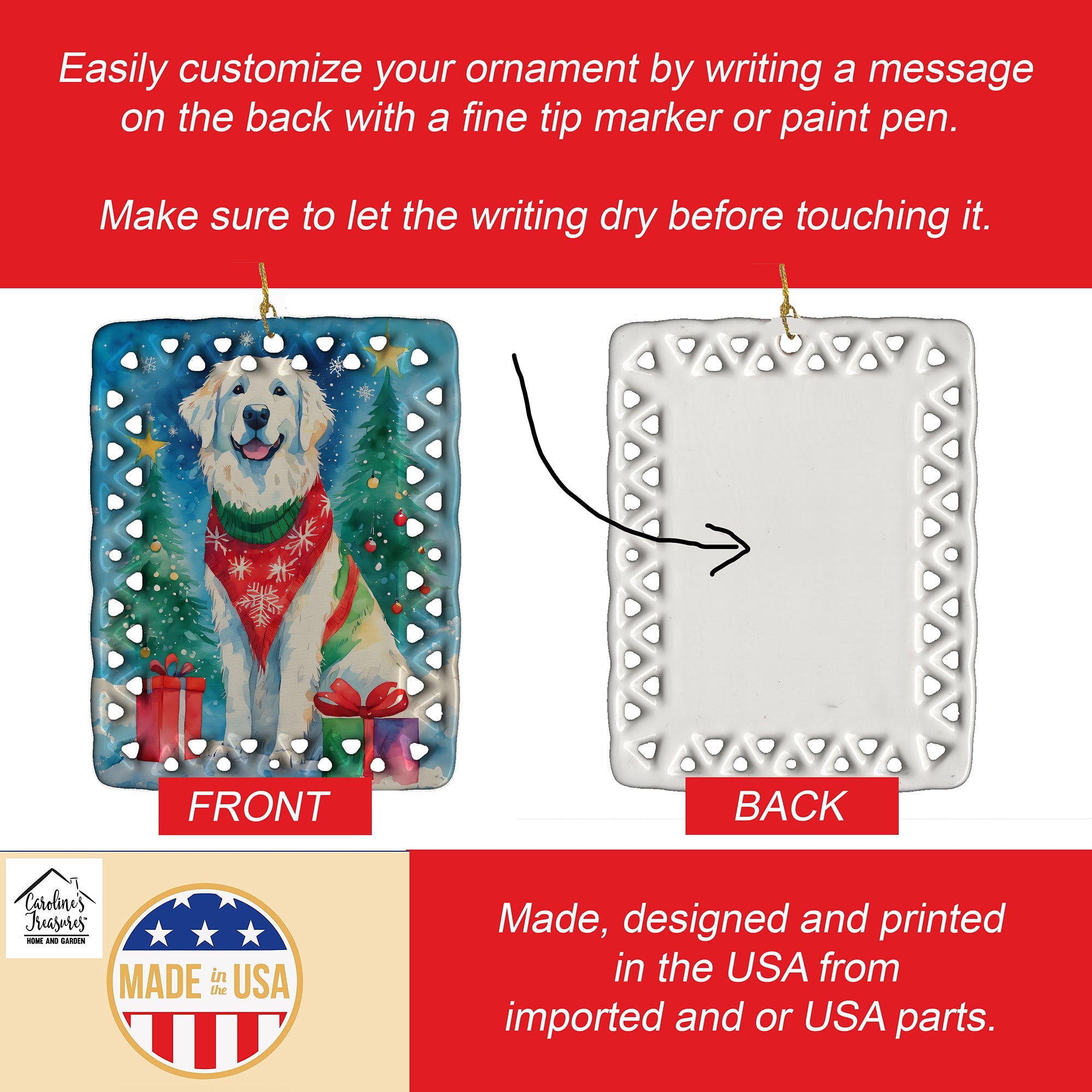 Great Pyrenees Christmas Porcelain Ornament Christmas Tree Hanging Decorations for Home Christmas Holiday, Rectangle, Gift, Multicolor