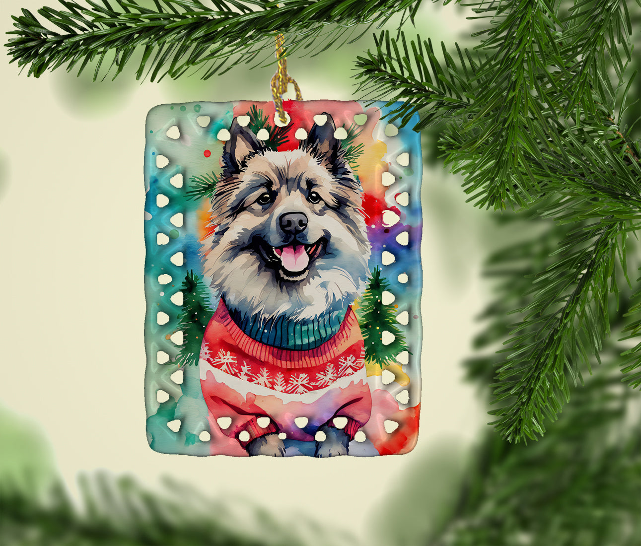 Keeshond Christmas Porcelain Ornament Christmas Tree Hanging Decorations for Home Christmas Holiday, Rectangle, Gift, Multicolor