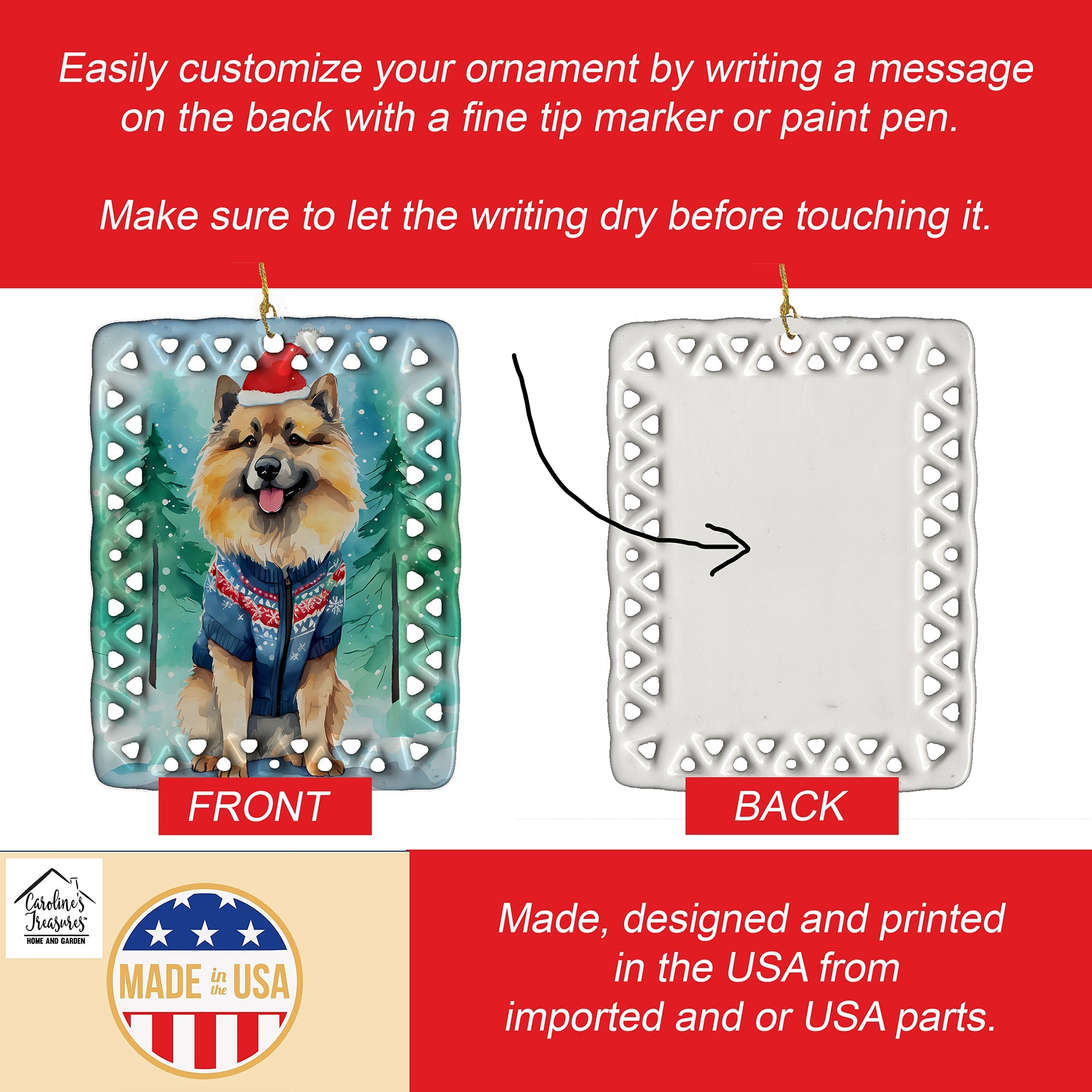 Keeshond Christmas Porcelain Ornament Christmas Tree Hanging Decorations for Home Christmas Holiday, Rectangle, Gift, Multicolor