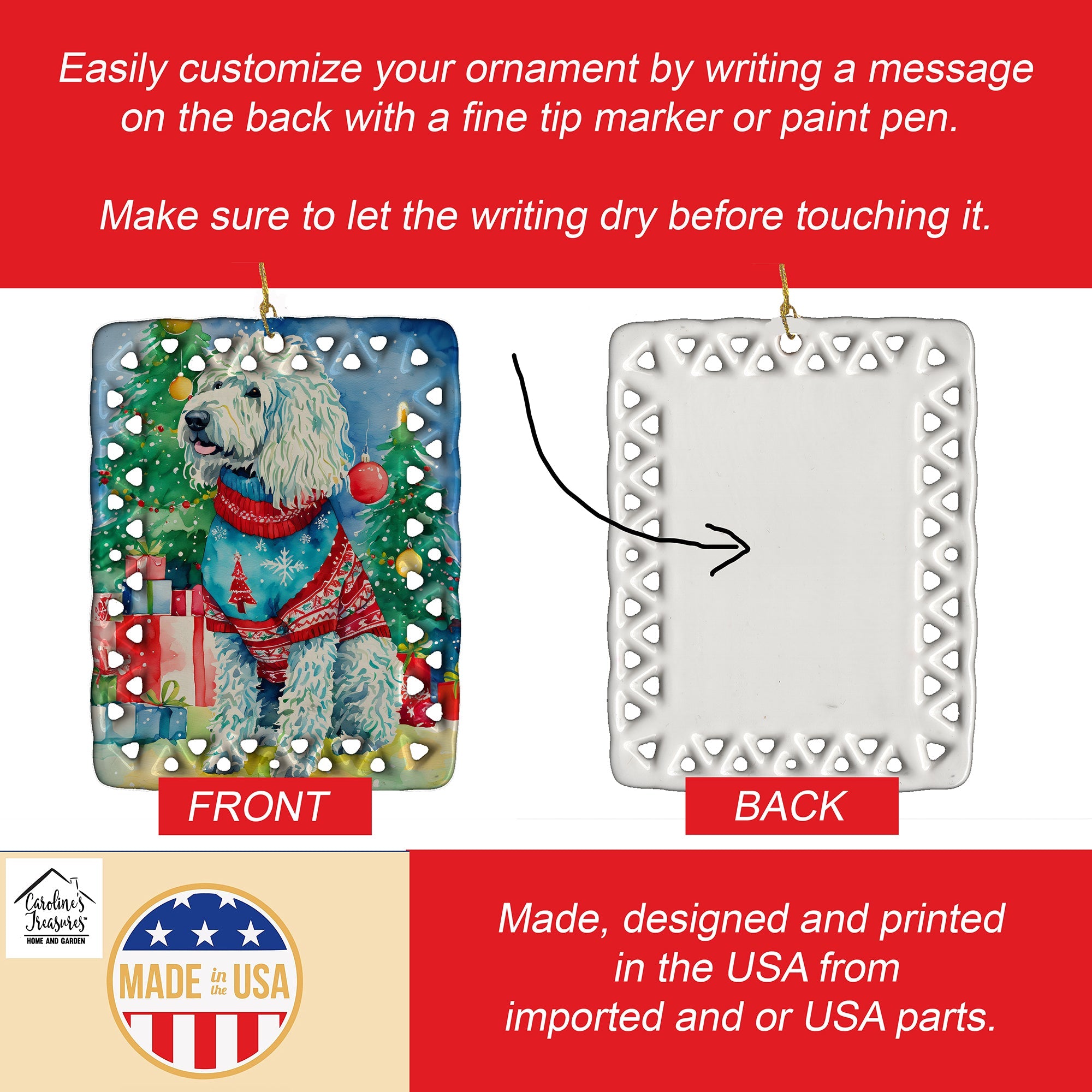 Komondor Christmas Porcelain Ornament Christmas Tree Hanging Decorations for Home Christmas Holiday, Rectangle, Gift, Multicolor