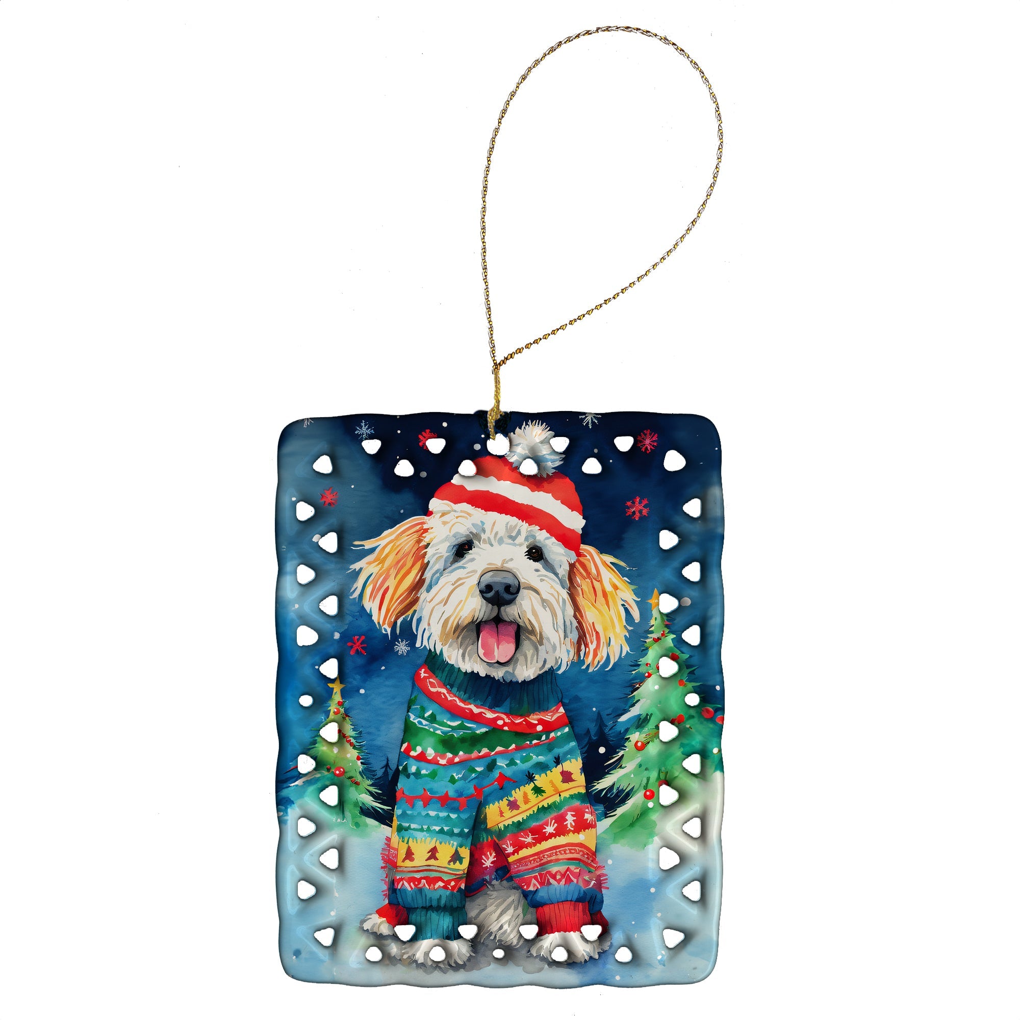 Komondor Christmas Porcelain Ornament Christmas Tree Hanging Decorations for Home Christmas Holiday, Rectangle, Gift, Multicolor