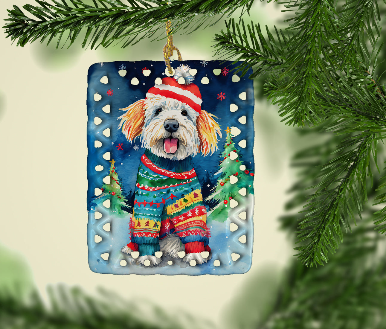 Komondor Christmas Porcelain Ornament Christmas Tree Hanging Decorations for Home Christmas Holiday, Rectangle, Gift, Multicolor