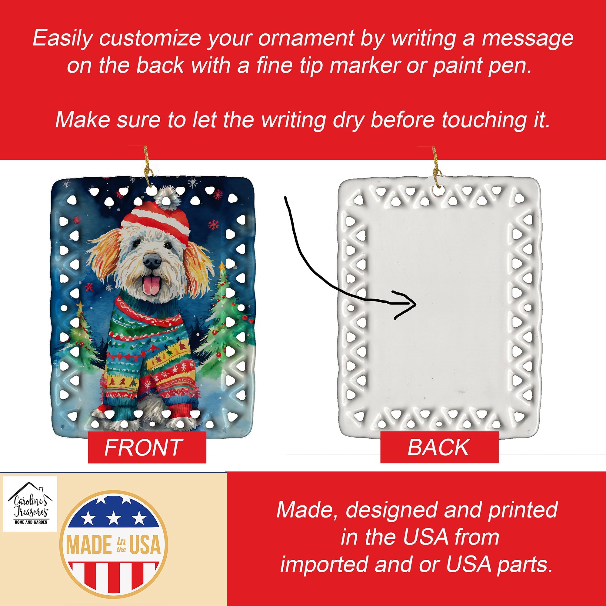 Komondor Christmas Porcelain Ornament Christmas Tree Hanging Decorations for Home Christmas Holiday, Rectangle, Gift, Multicolor