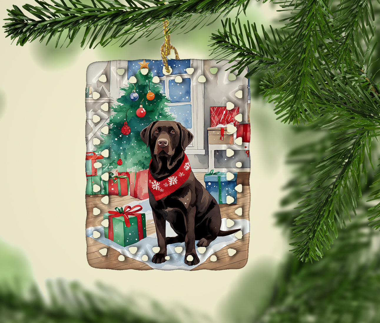 Chocolate Labrador Retriever Christmas Porcelain Ornament Christmas Tree Hanging Decorations for Home Christmas Holiday, Rectangle, Gift, Multicolor