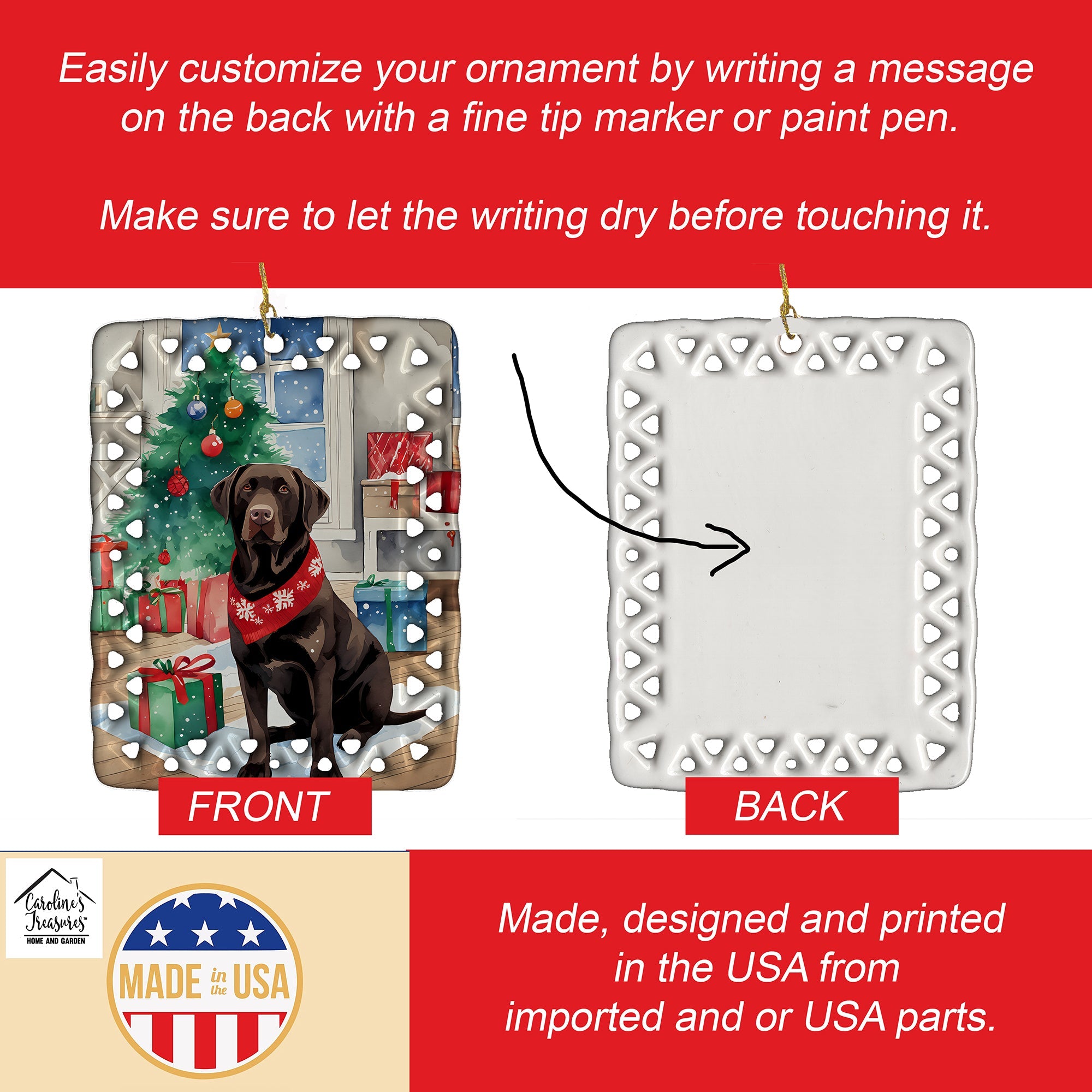 Chocolate Labrador Retriever Christmas Porcelain Ornament Christmas Tree Hanging Decorations for Home Christmas Holiday, Rectangle, Gift, Multicolor
