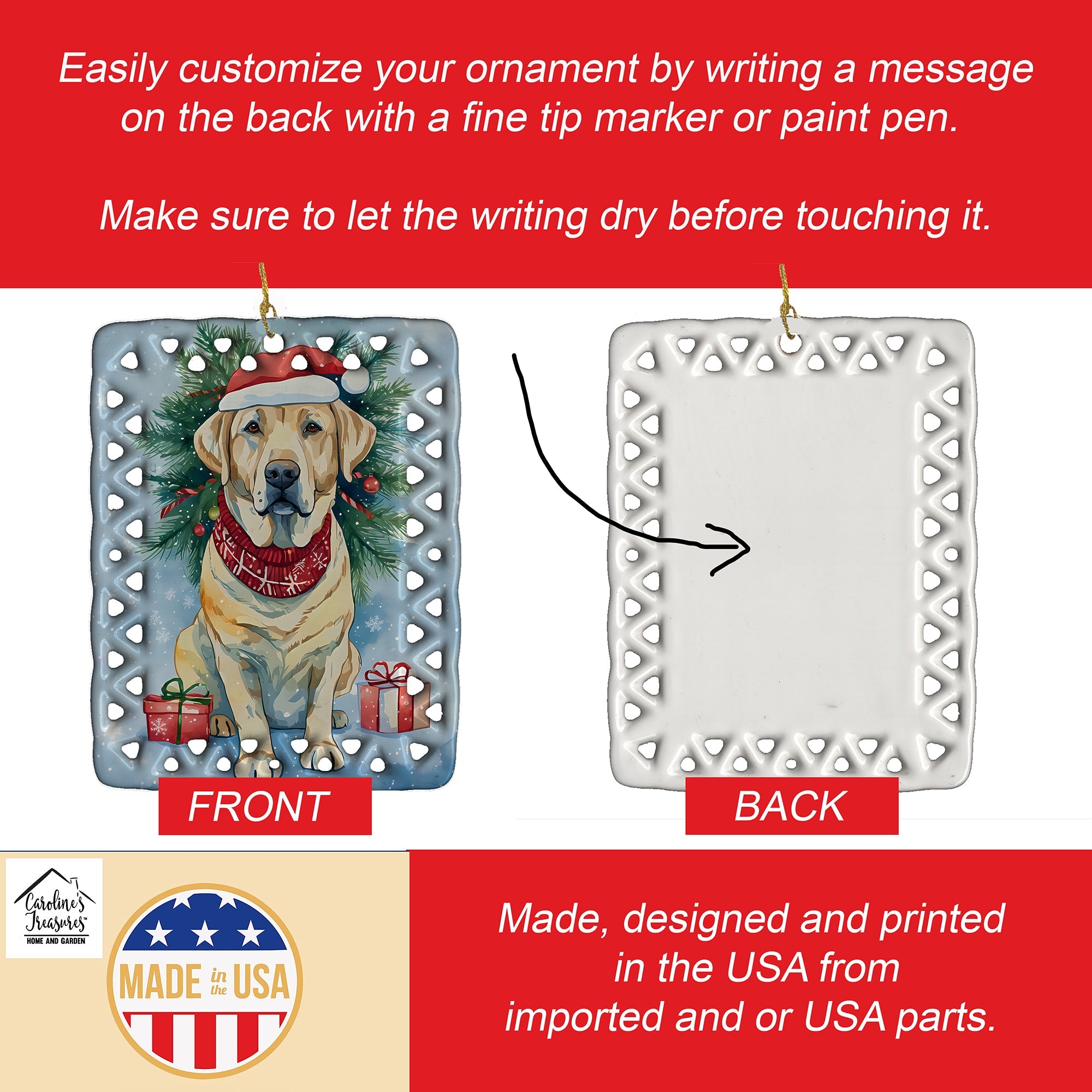 Yellow Labrador Retriever Christmas Porcelain Ornament Christmas Tree Hanging Decorations for Home Christmas Holiday, Rectangle, Gift, Multicolor