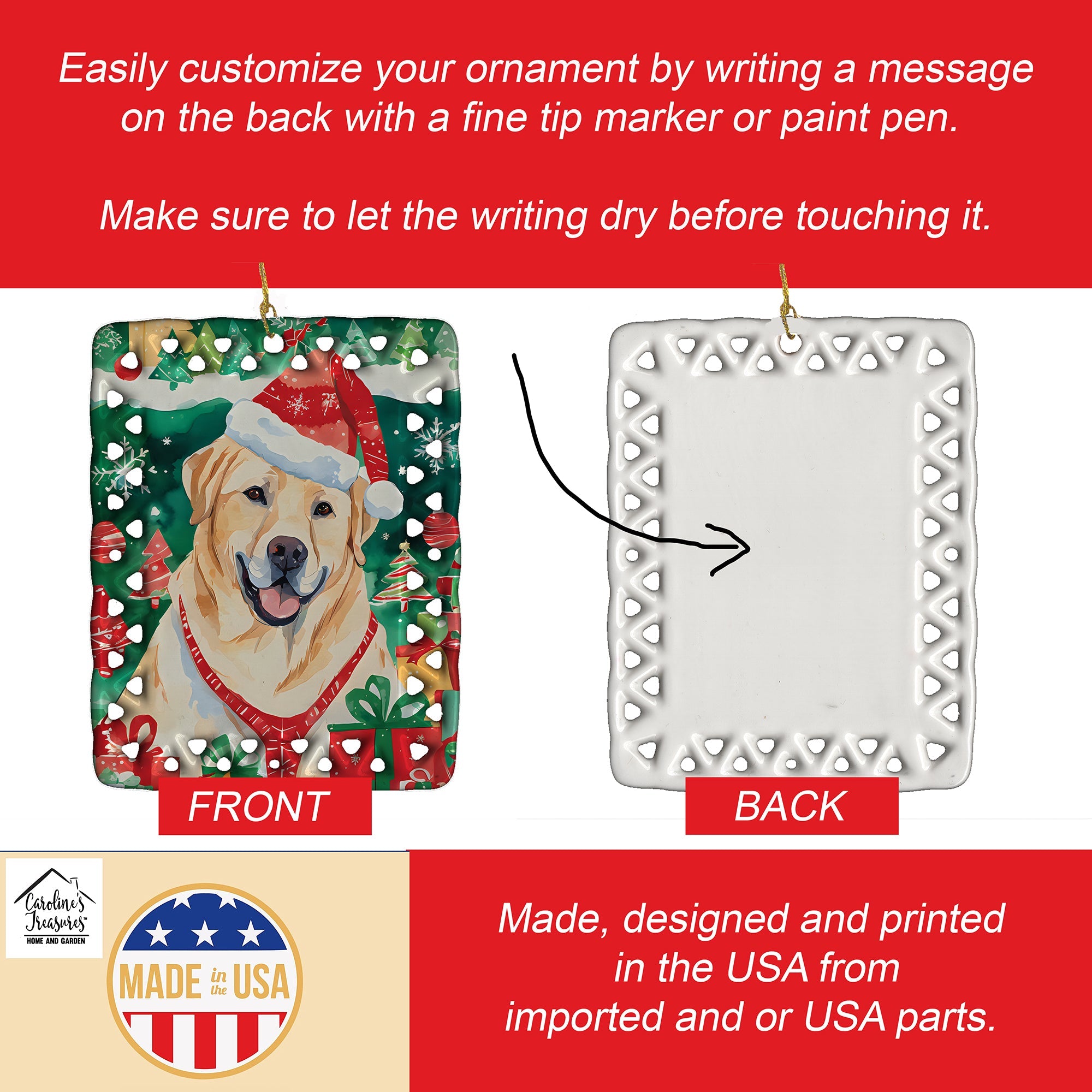 Yellow Labrador Retriever Christmas Porcelain Ornament Christmas Tree Hanging Decorations for Home Christmas Holiday, Rectangle, Gift, Multicolor
