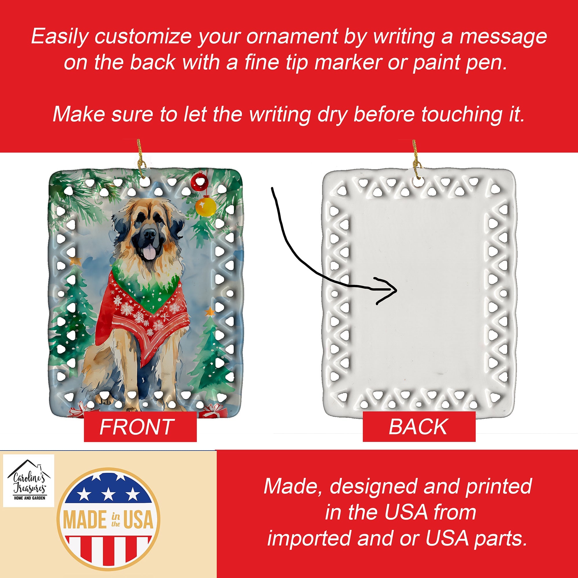 Leonberger Christmas Porcelain Ornament Christmas Tree Hanging Decorations for Home Christmas Holiday, Rectangle, Gift, Multicolor