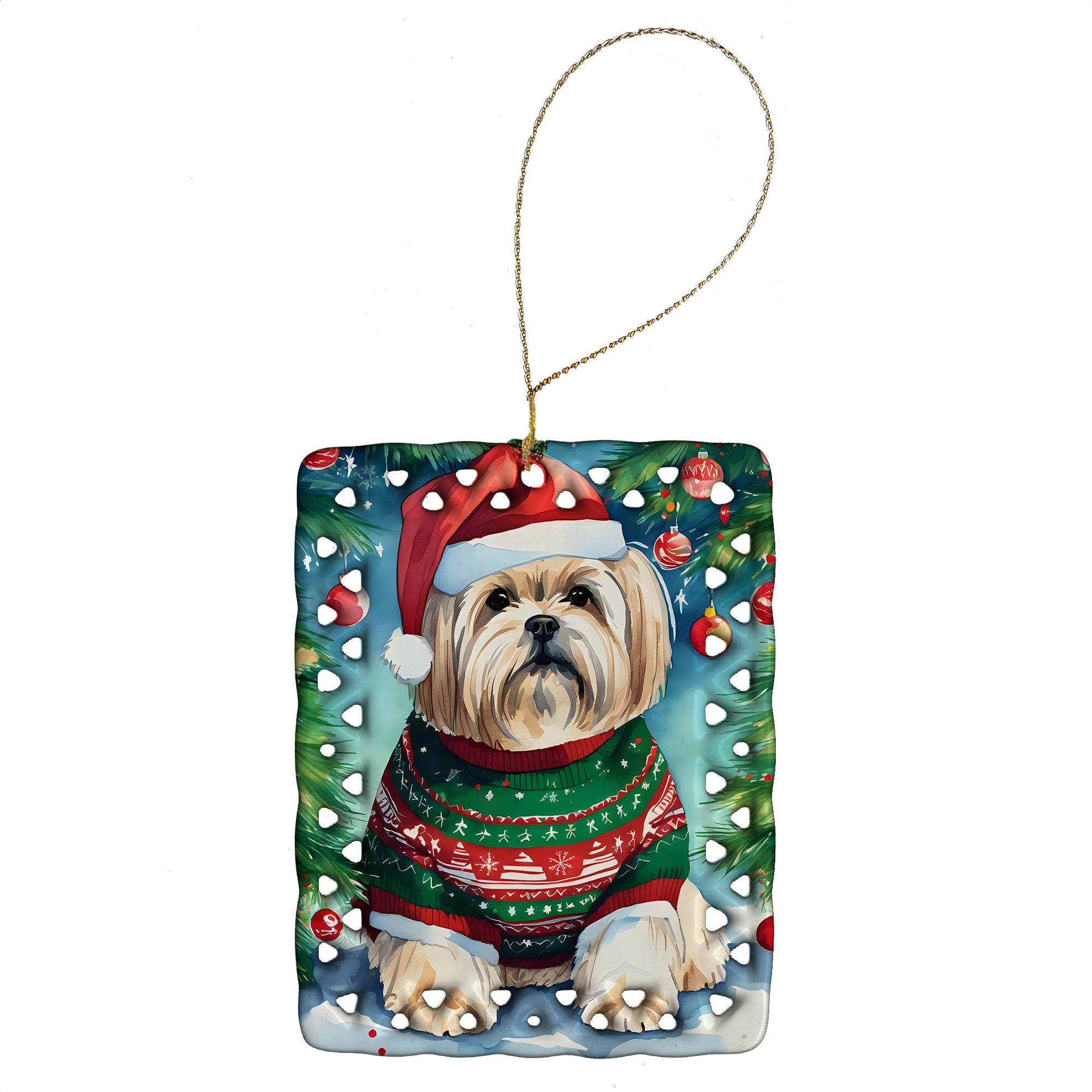 Lhasa Apso Christmas Porcelain Ornament Christmas Tree Hanging Decorations for Home Christmas Holiday, Rectangle, Gift, Multicolor