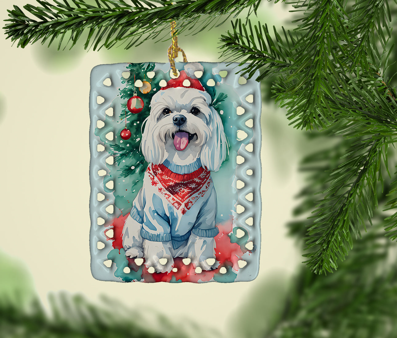 Maltese Christmas Porcelain Ornament Christmas Tree Hanging Decorations for Home Christmas Holiday, Rectangle, Gift, Multicolor