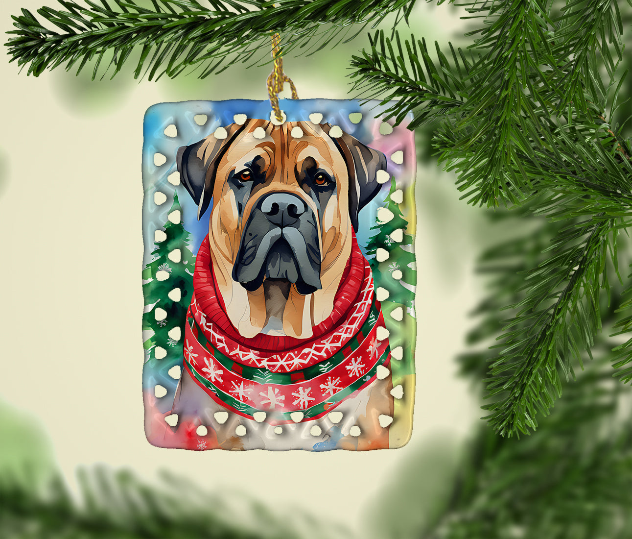 Mastiff Christmas Porcelain Ornament Christmas Tree Hanging Decorations for Home Christmas Holiday, Rectangle, Gift, Multicolor