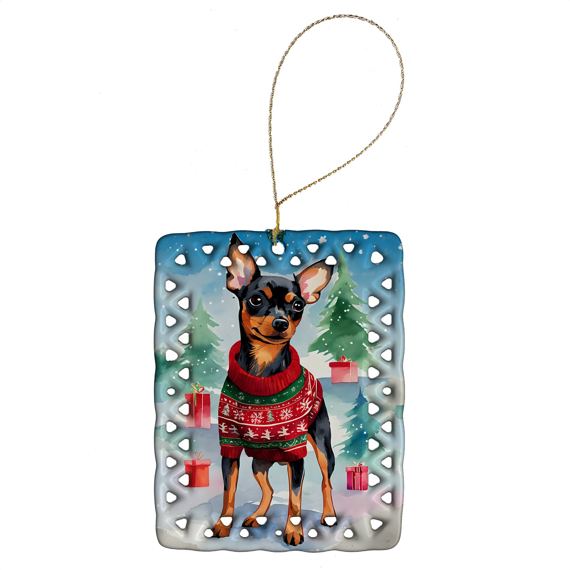 Miniature Pinscher Christmas Porcelain Ornament Christmas Tree Hanging Decorations for Home Christmas Holiday, Rectangle, Gift, Multicolor