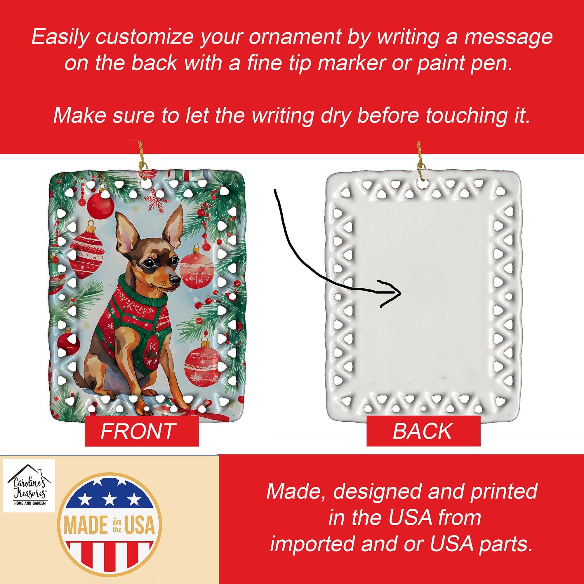Miniature Pinscher Christmas Porcelain Ornament Christmas Tree Hanging Decorations for Home Christmas Holiday, Rectangle, Gift, Multicolor