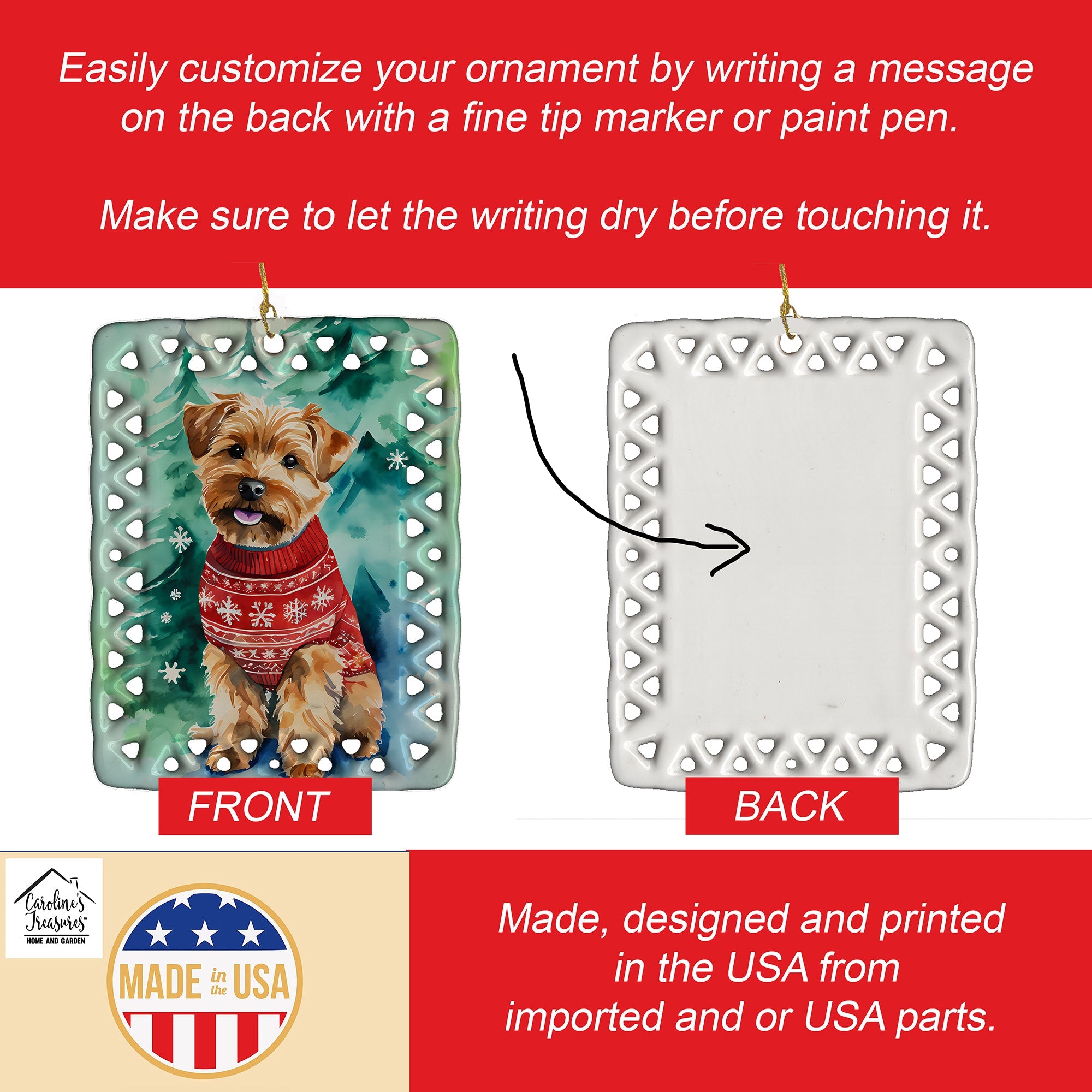 Norfolk Terrier Christmas Porcelain Ornament Christmas Tree Hanging Decorations for Home Christmas Holiday, Rectangle, Gift, Multicolor
