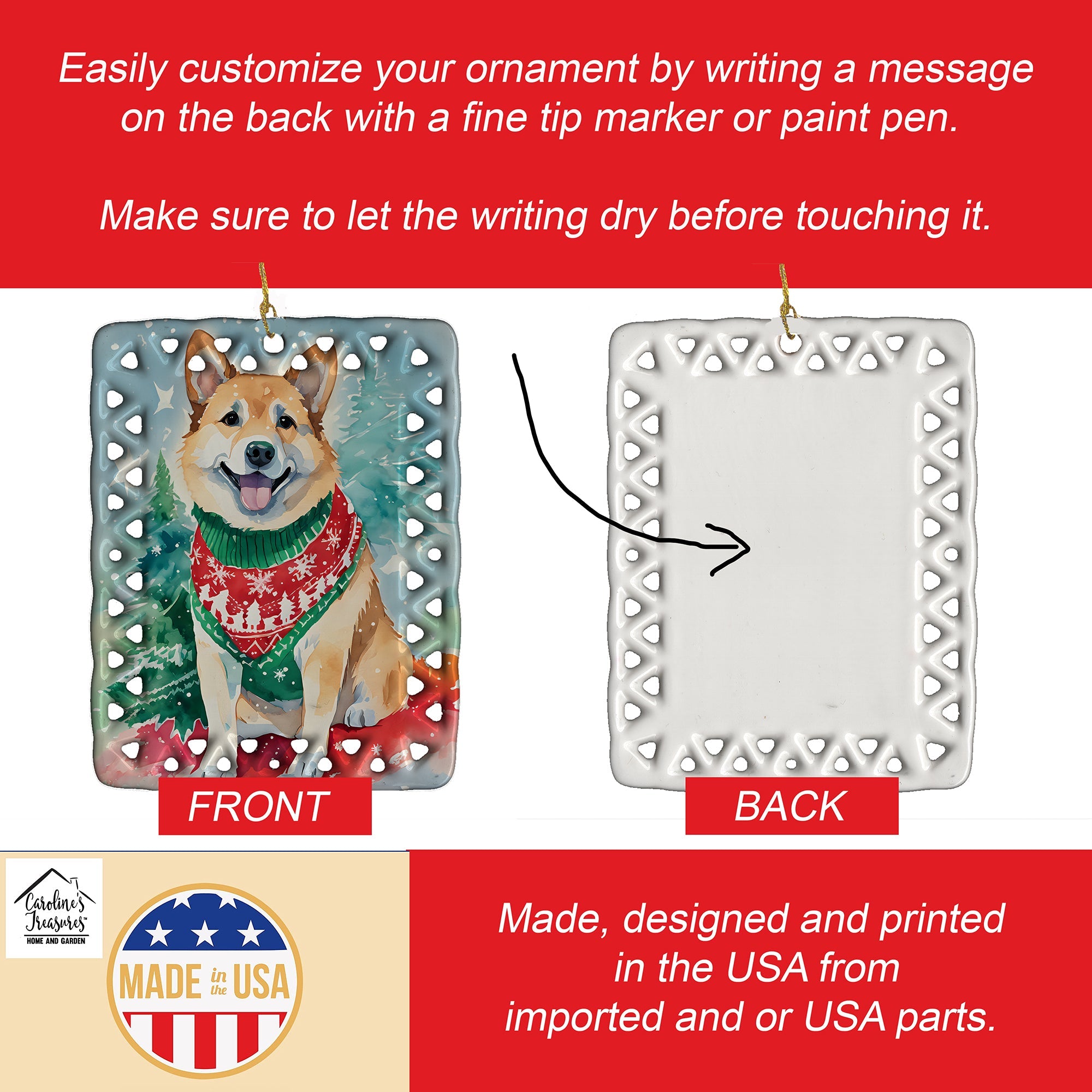 Norwegian Buhund Christmas Porcelain Ornament Christmas Tree Hanging Decorations for Home Christmas Holiday, Rectangle, Gift, Multicolor