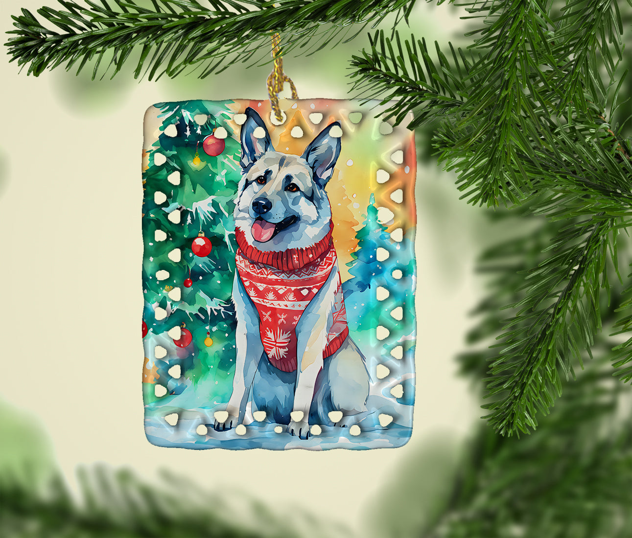 Norwegian Elkhound Christmas Porcelain Ornament Christmas Tree Hanging Decorations for Home Christmas Holiday, Rectangle, Gift, Multicolor