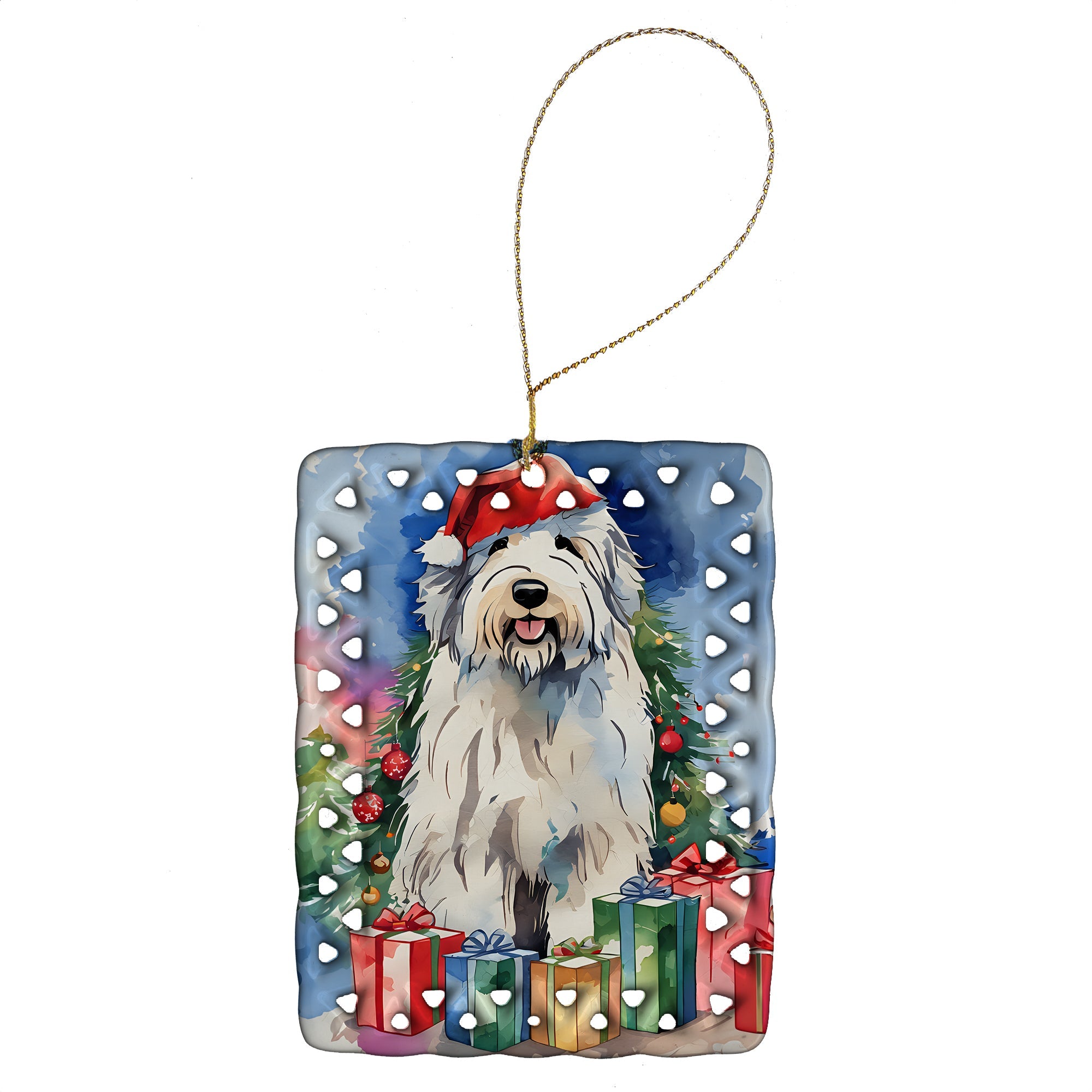 Old English Sheepdog Christmas Porcelain Ornament Christmas Tree Hanging Decorations for Home Christmas Holiday, Rectangle, Gift, Multicolor