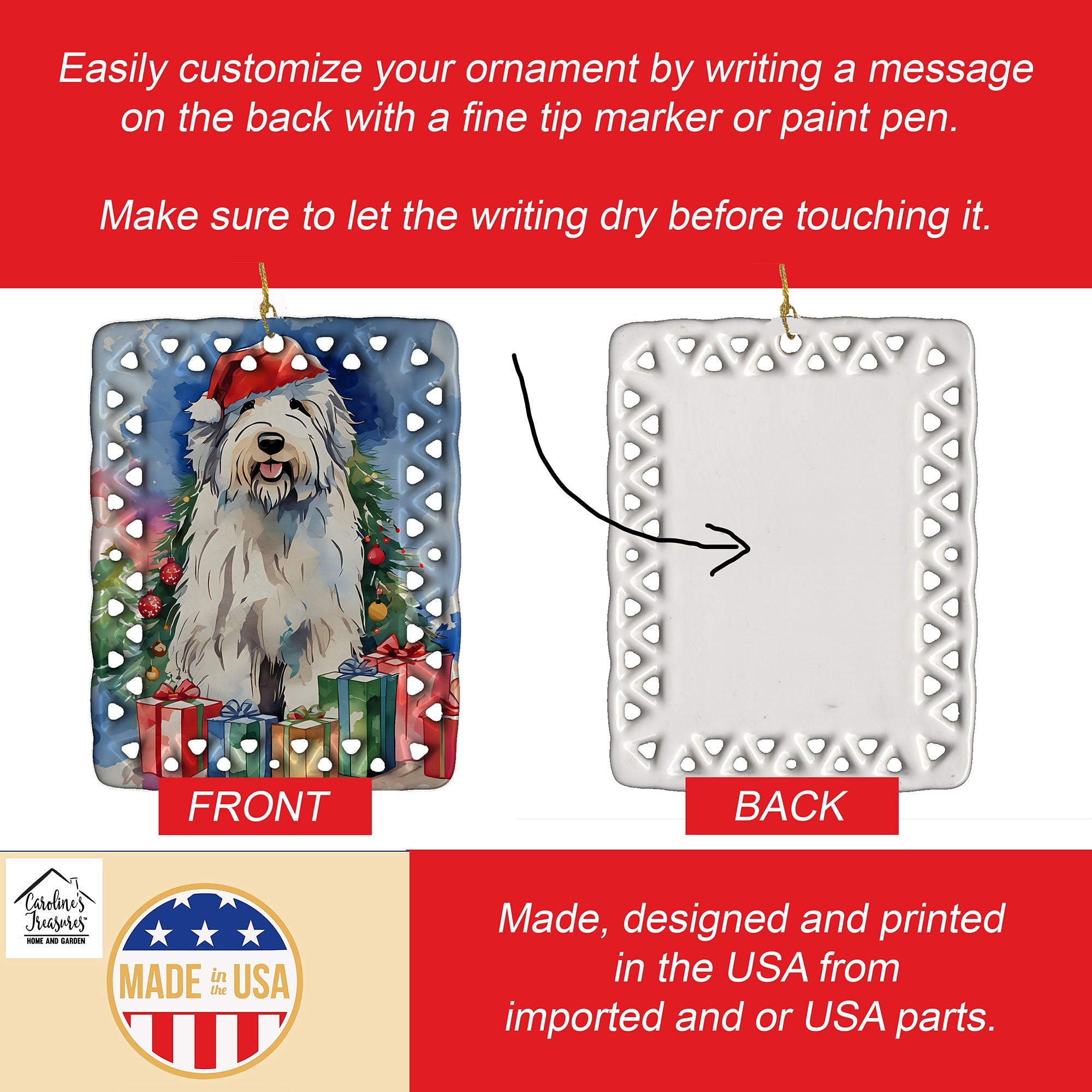 Old English Sheepdog Christmas Porcelain Ornament Christmas Tree Hanging Decorations for Home Christmas Holiday, Rectangle, Gift, Multicolor