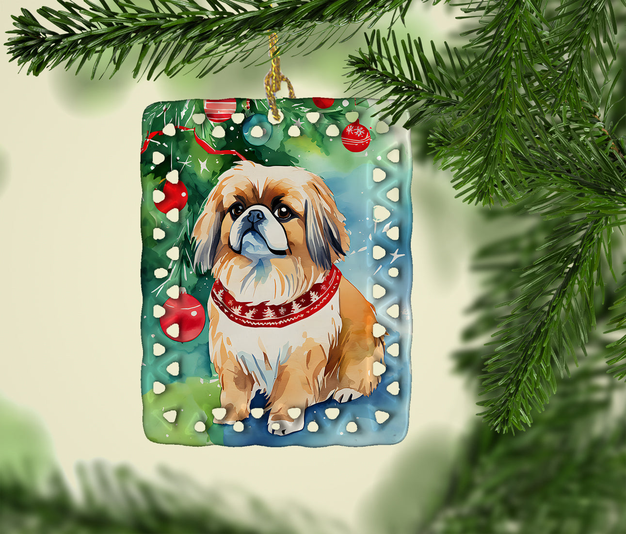 Pekingese Christmas Porcelain Ornament Christmas Tree Hanging Decorations for Home Christmas Holiday, Rectangle, Gift, Multicolor