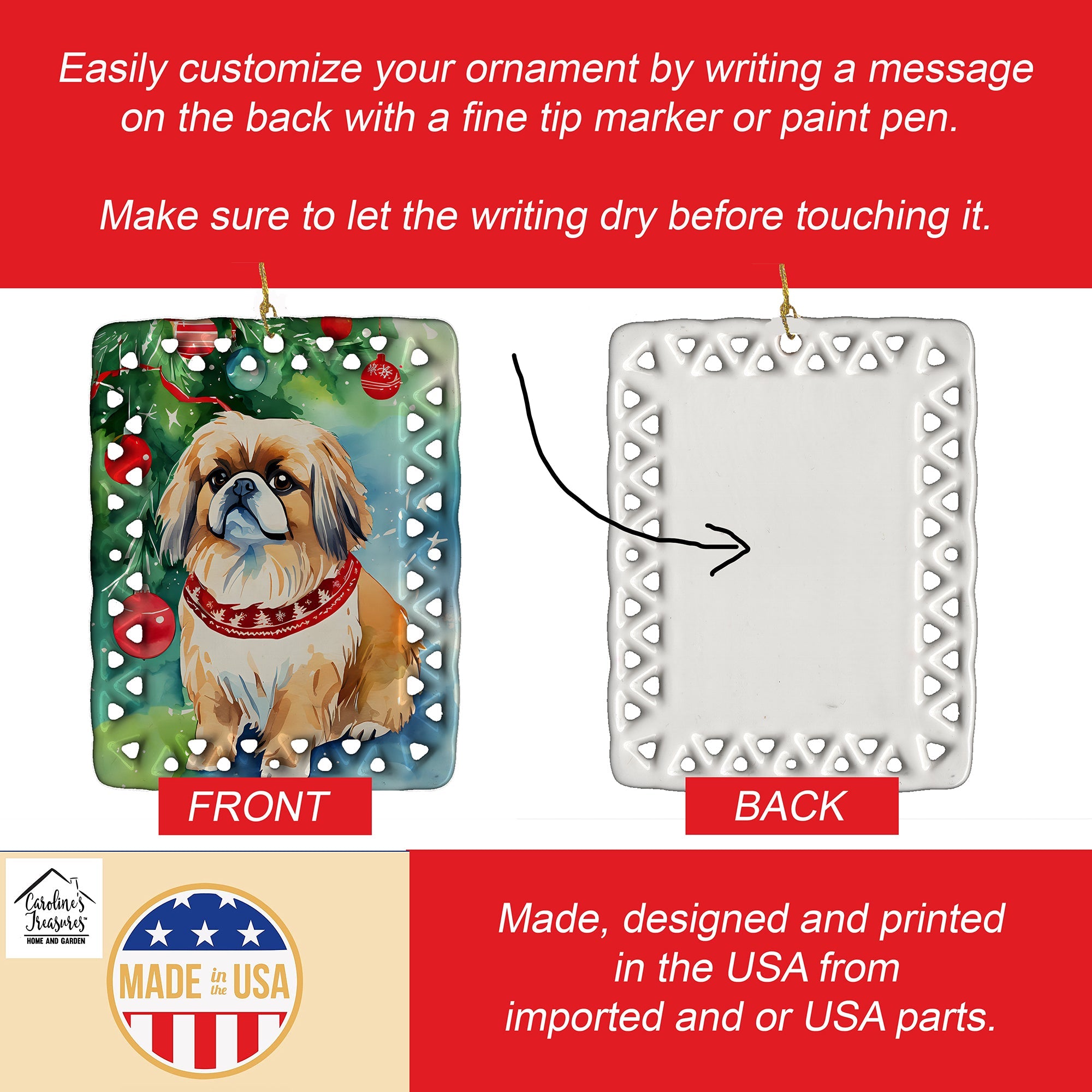 Pekingese Christmas Porcelain Ornament Christmas Tree Hanging Decorations for Home Christmas Holiday, Rectangle, Gift, Multicolor