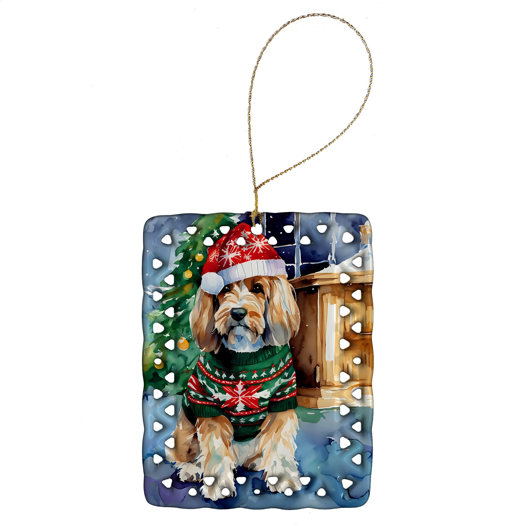 Petit Basset Griffon Vendeen Christmas Porcelain Ornament Christmas Tree Hanging Decorations for Home Christmas Holiday, Rectangle, Gift, Multicolor