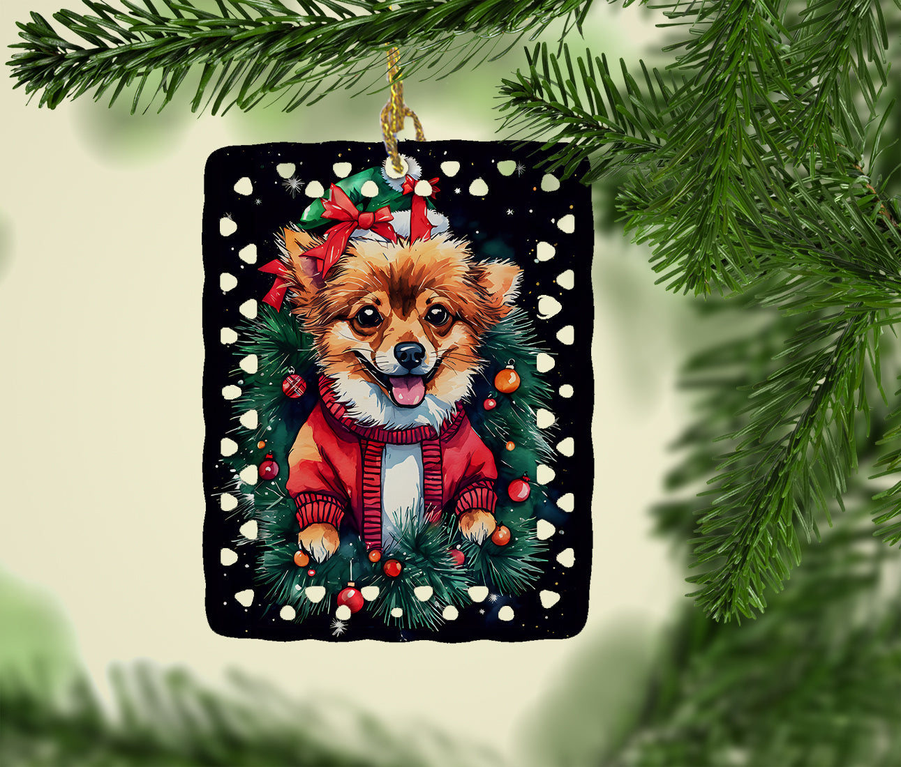 Pomeranian Christmas Porcelain Ornament Christmas Tree Hanging Decorations for Home Christmas Holiday, Rectangle, Gift, Multicolor