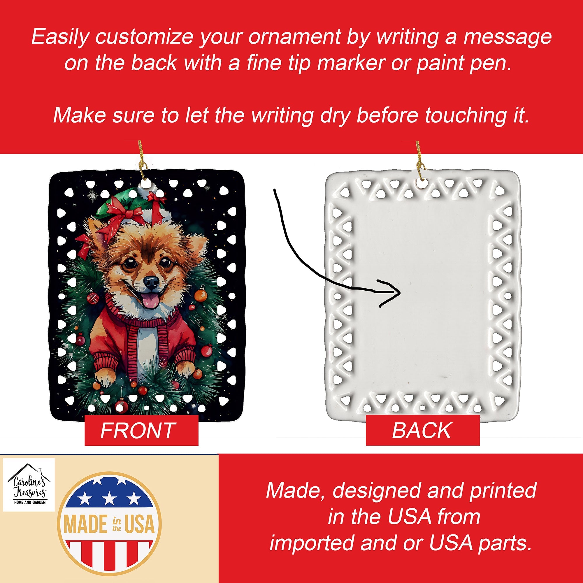 Pomeranian Christmas Porcelain Ornament Christmas Tree Hanging Decorations for Home Christmas Holiday, Rectangle, Gift, Multicolor