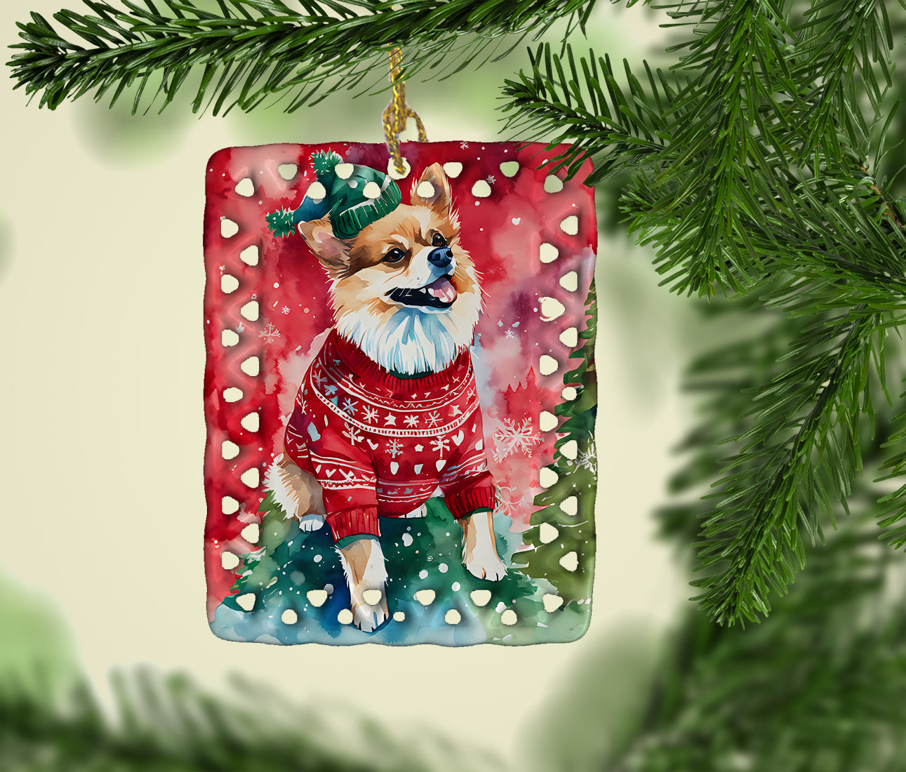 Pomeranian Christmas Porcelain Ornament Christmas Tree Hanging Decorations for Home Christmas Holiday, Rectangle, Gift, Multicolor