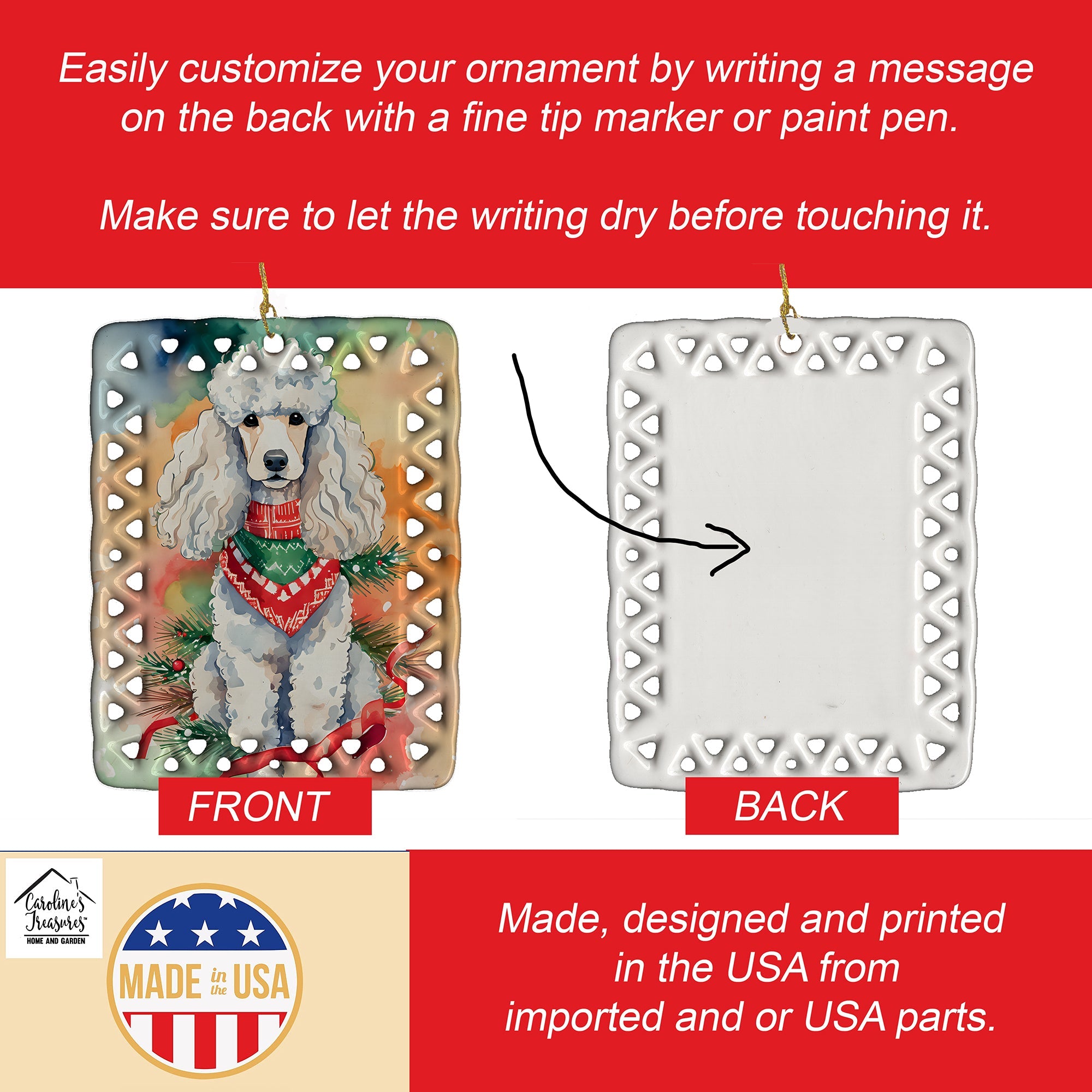 Poodle Christmas Porcelain Ornament Christmas Tree Hanging Decorations for Home Christmas Holiday, Rectangle, Gift, Multicolor